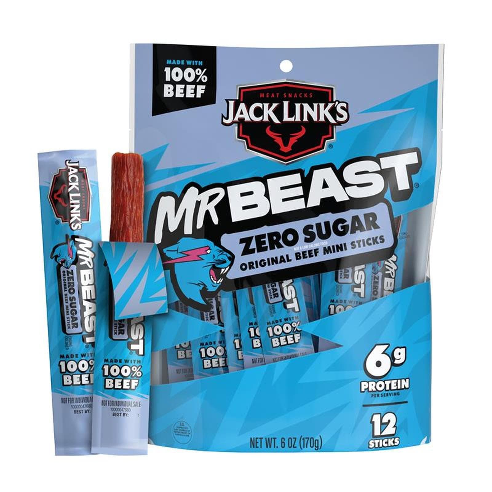 Jack Link’s x MrBeast Zero Sugar Mini Beef Sticks – 6g Protein per 2 Individually-Wrapped Meat Sticks, Made with 100% Real Beef, Perfect for School Lunches, Kids Snacks, 12 Count of .5oz Sticks