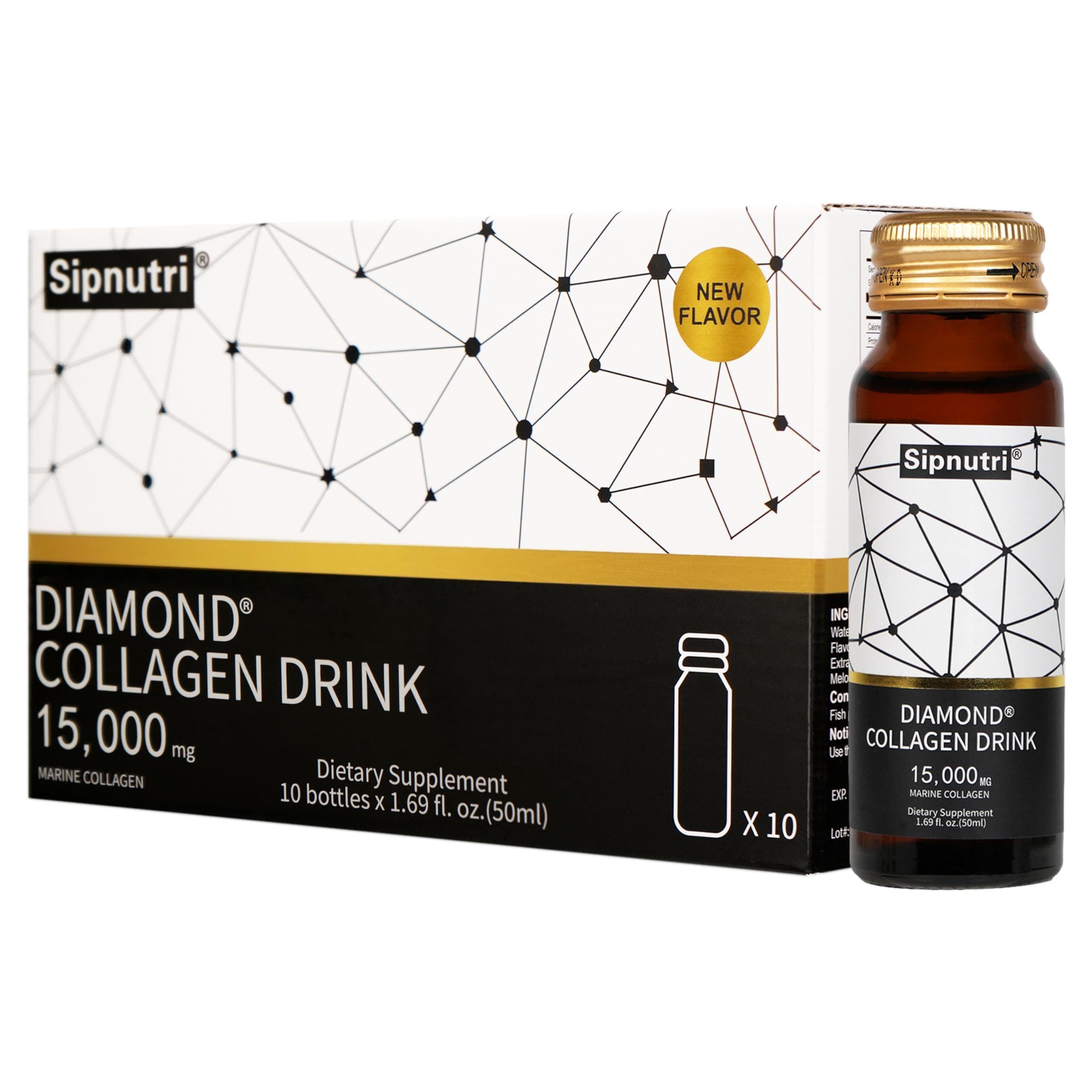 Diamond Marine Collagen Drink for Women and Men, 15000mg Hydrolyzed Collagen Peptides with Vitamin C, Pomegranate, Healthy Hair Skin Nails Joints Bones Support, 50 ml x 10 Bottles