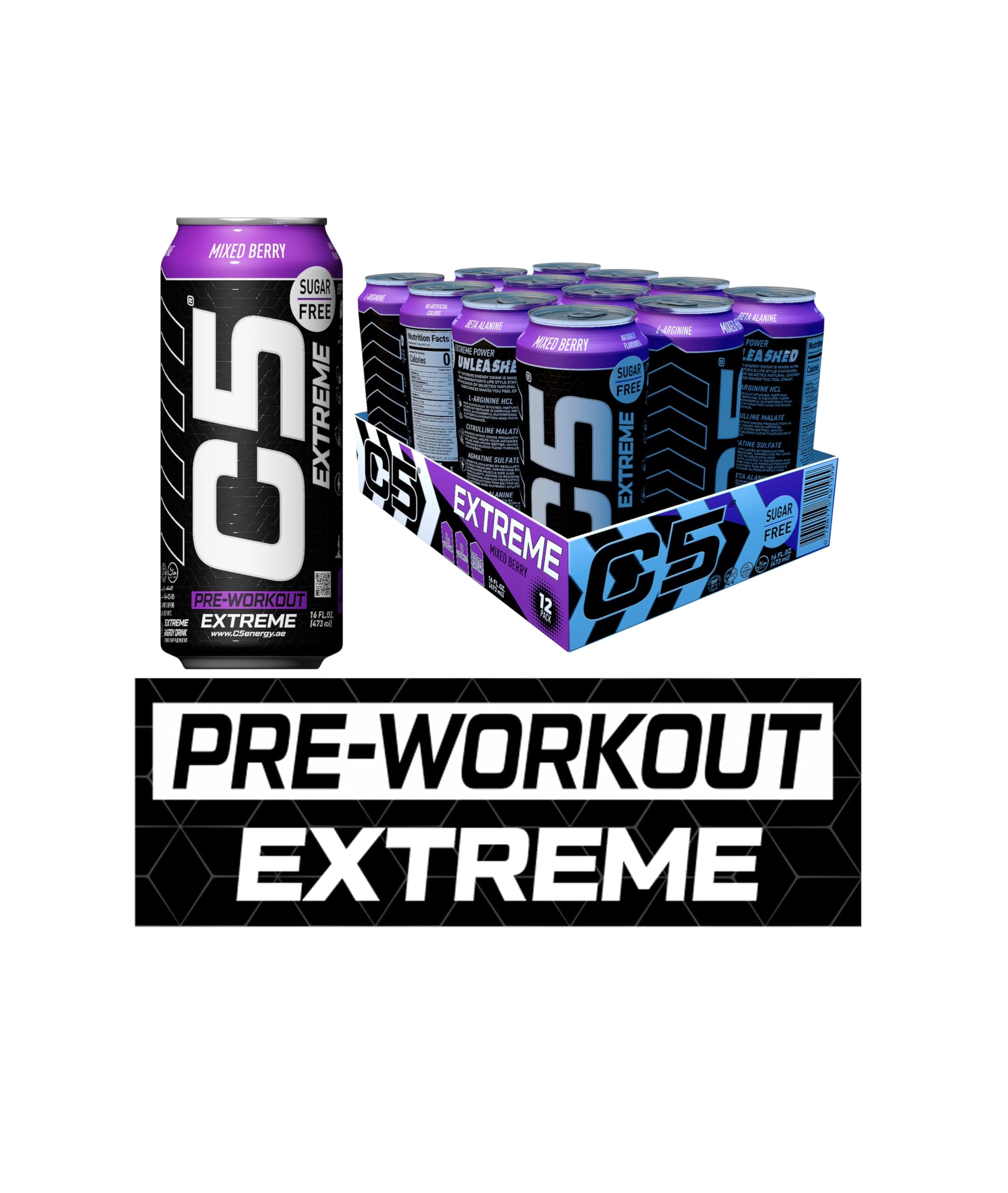 C5 Drink Extreme Mixed Berry Pre Workout Sugar Free, Zero Calories, 200mg High Caffeine, Creatine - Beta Alanine - Citrulline Malate High-Performance Pre-Workout Booster Supplement Pack of 12