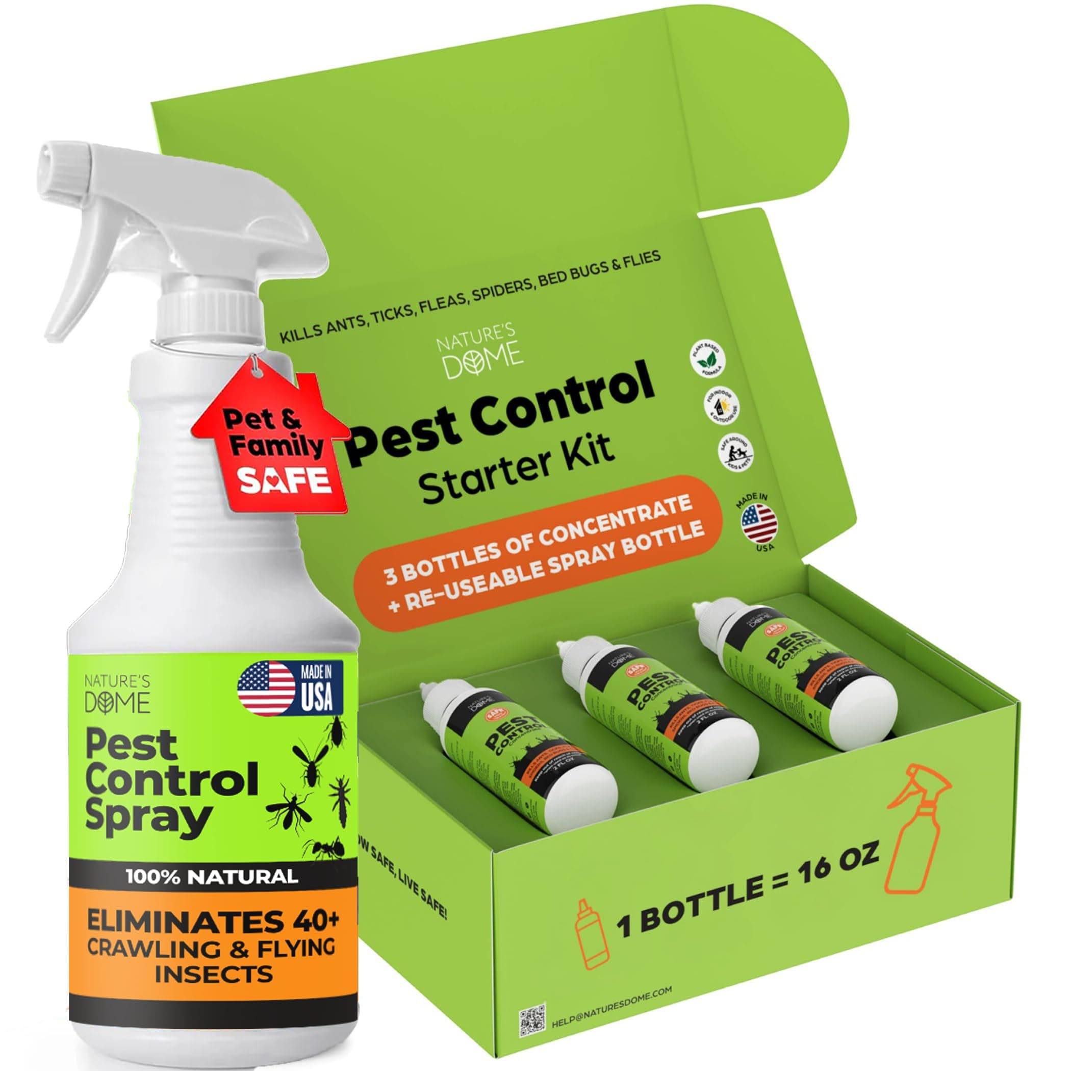 Nature's Dome Pest Control Starter Kit – Makes 3 Bottles (16 oz Each) – Eco-Friendly, Plant-Based Formula for Ant, Roach, Spider, Fly, Flea & Insect Control – Child & Pet Safe for Indoor/Outdoor Use