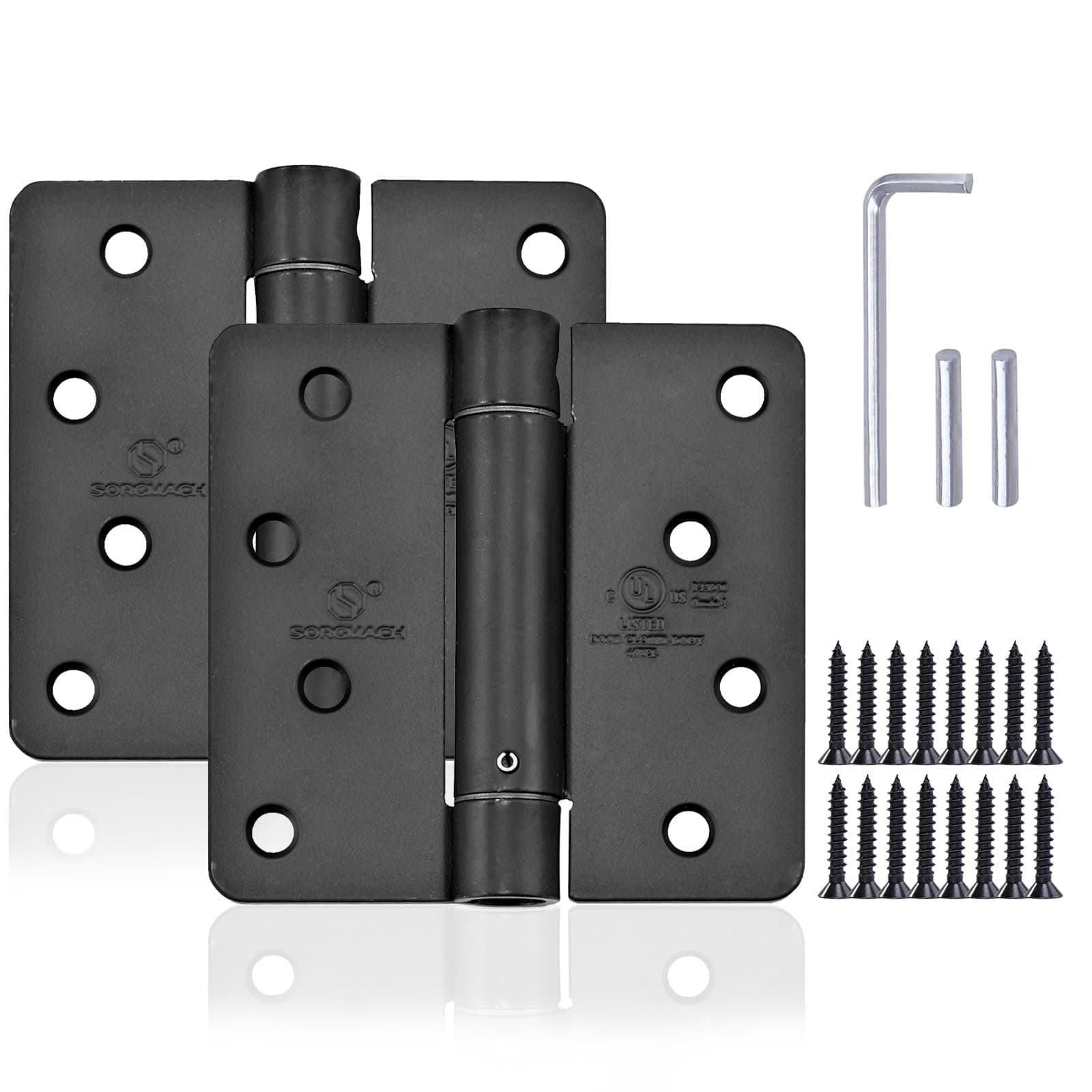 Self Closing Door Hinge 4 inch Matte Black Auto Close Hinges Adjustable 4 x 4 Inch Spring Hinges Door Closer Hinge 1/4" Radius Corner Commercial Auto Self-Closing Hinge UL Listed, 2 Pieces