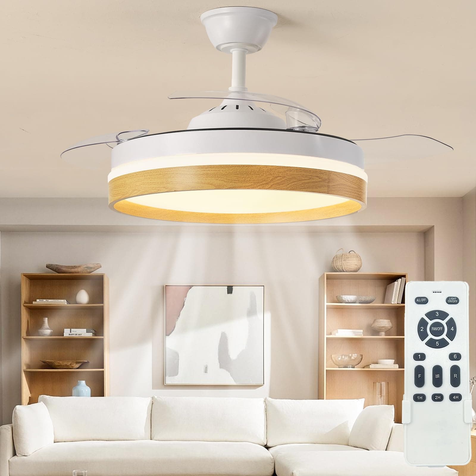Ceiling Fan with Lights,Retractable Ceiling Fan with Light Remote Control 20Inch 6 Speed Reversible 3 Colour Changing LED Fan Light for Bedroom Living Room (Wood Grain Color)