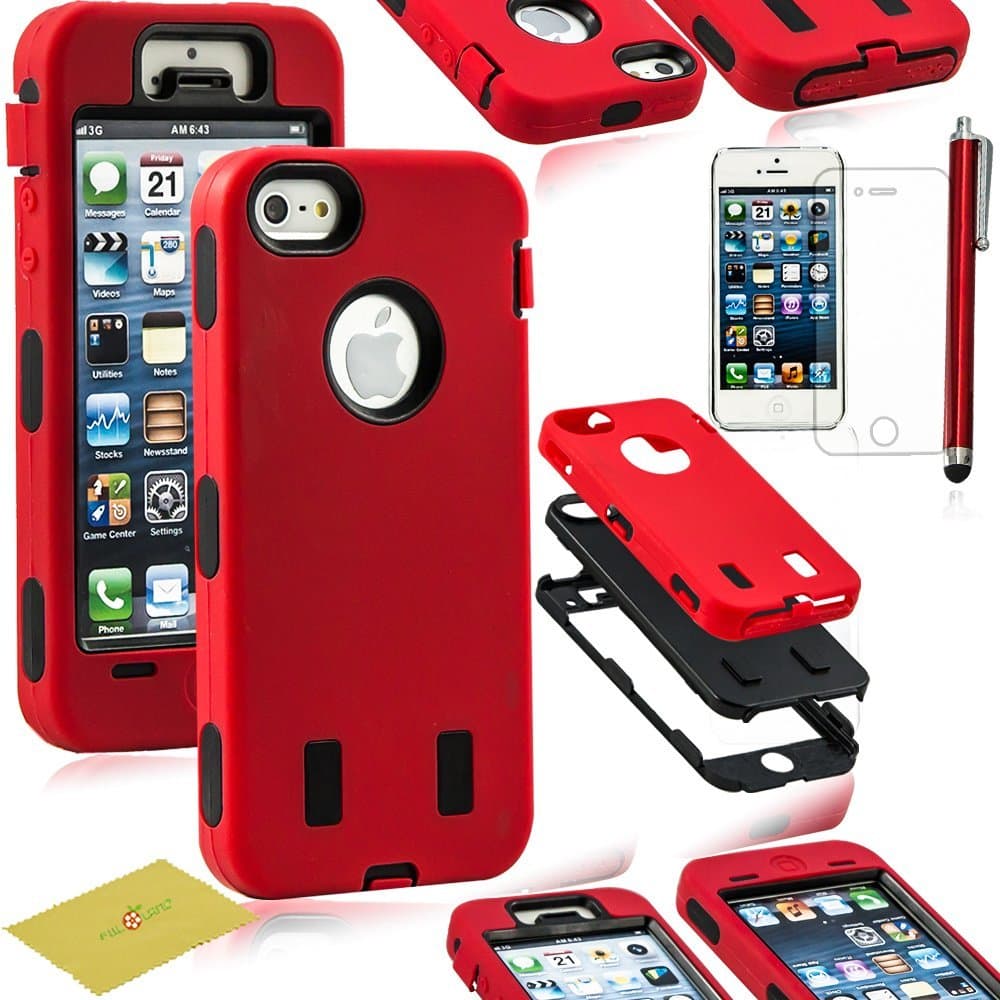 Hybrid TPU Armor Case with Stylus Pen and Screen Protector for Apple iPhone 5/ 5S - RED