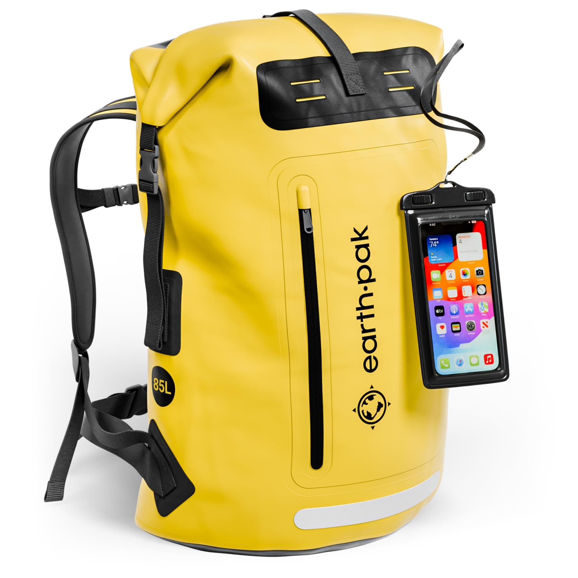 Waterproof Backpack with Roll-Top Closure, Front Pocket, Cushioned Back Panel & Phone Case (Yellow, 85L)