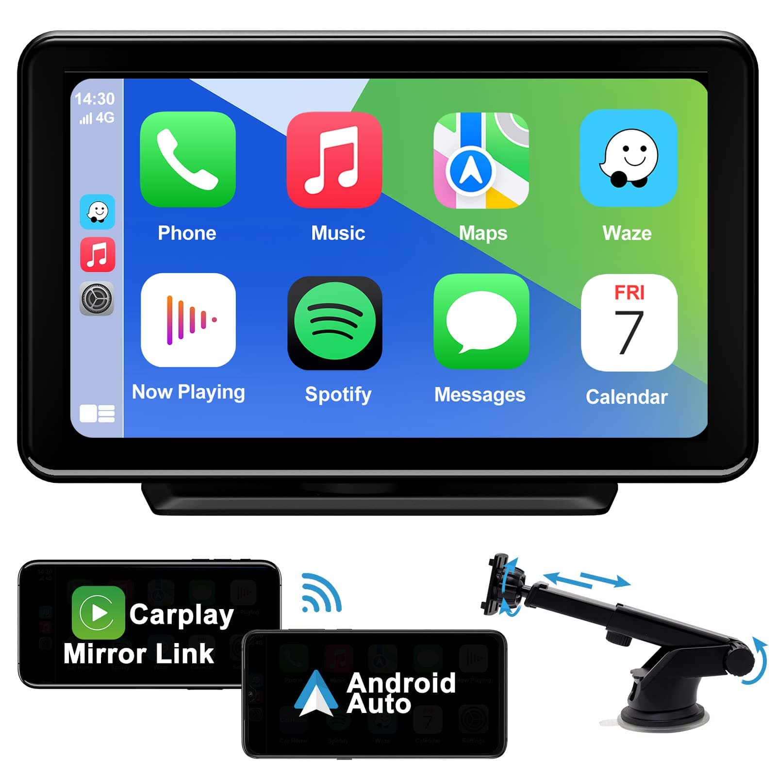 Wireless Car Stereo with 7 Inch Touchscreen, Bluetooth Handsfree, Apple Carplay & Android Auto, GPS Navigation, FM/AUX/USB