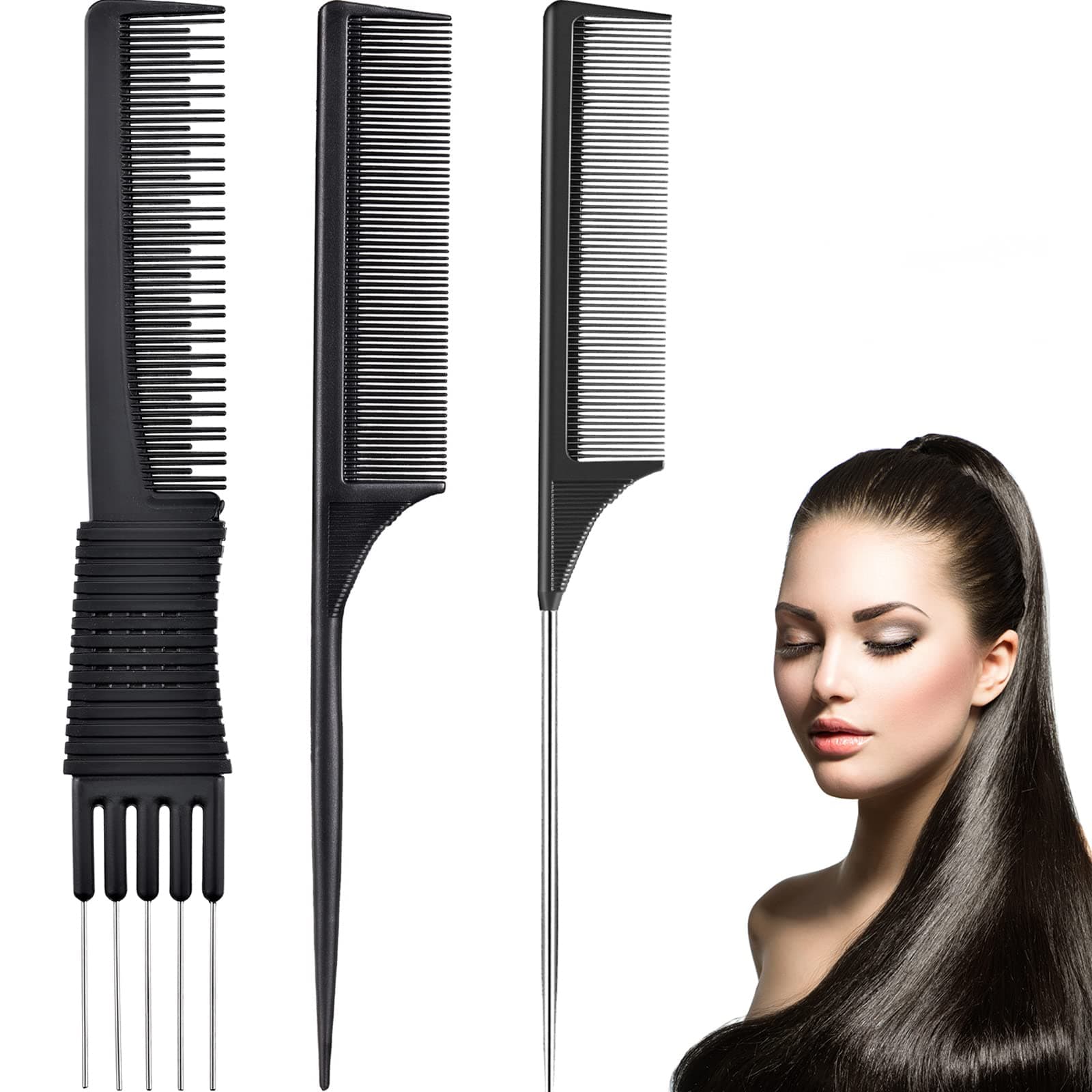 3 Pack Black Teasing Combs with Metal Prong, Salon Back Combs with Stainless Steel Lift (Style H)