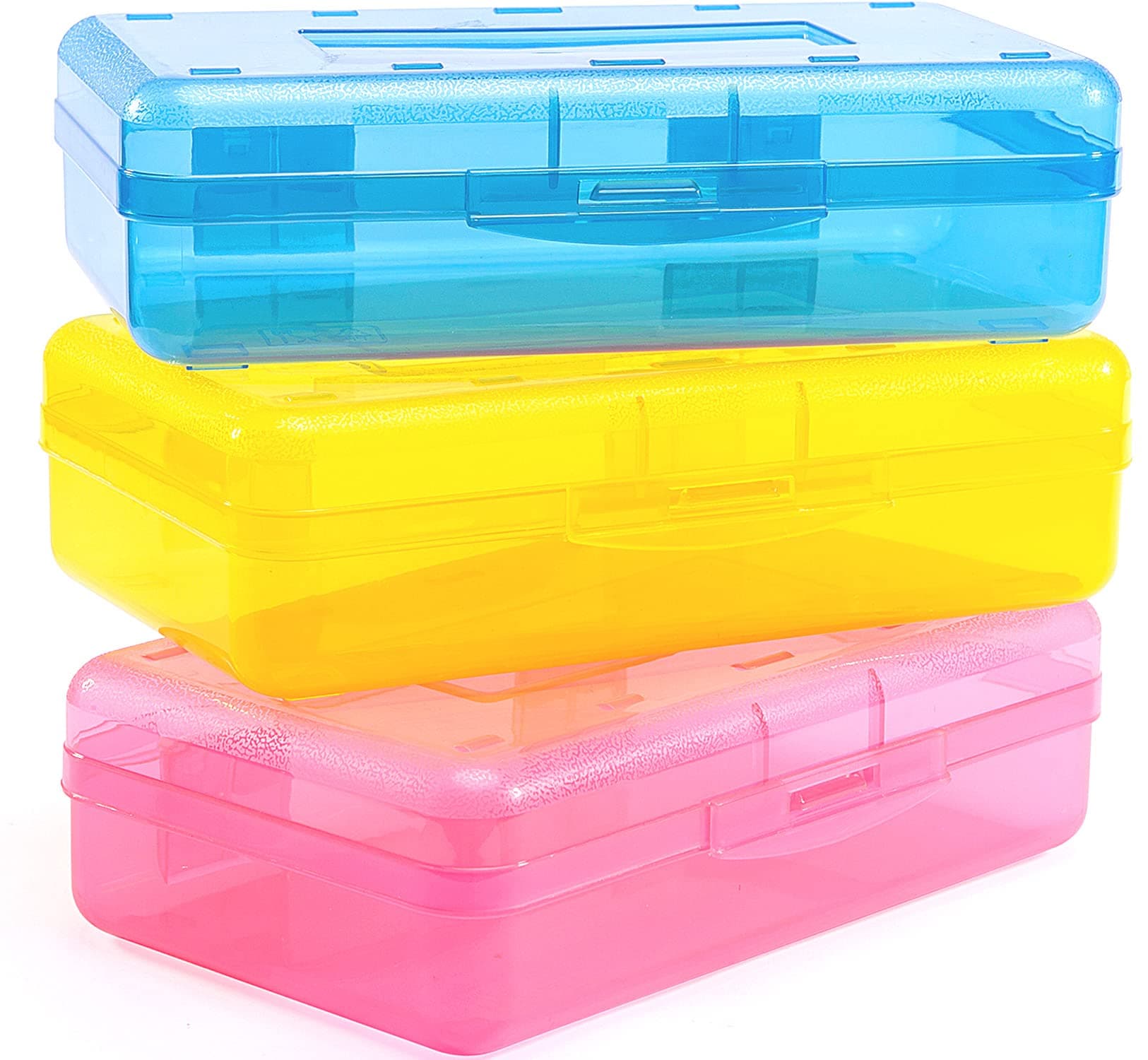 Sooez 3 Pack Pencil Case, Large Hard Pencil Box Bulk, Clear Crayon Box Marker Pen Organizer, Plastic Storage Container with Snap Lid, Art Craft Organizer Back to School Supplies, Colorful