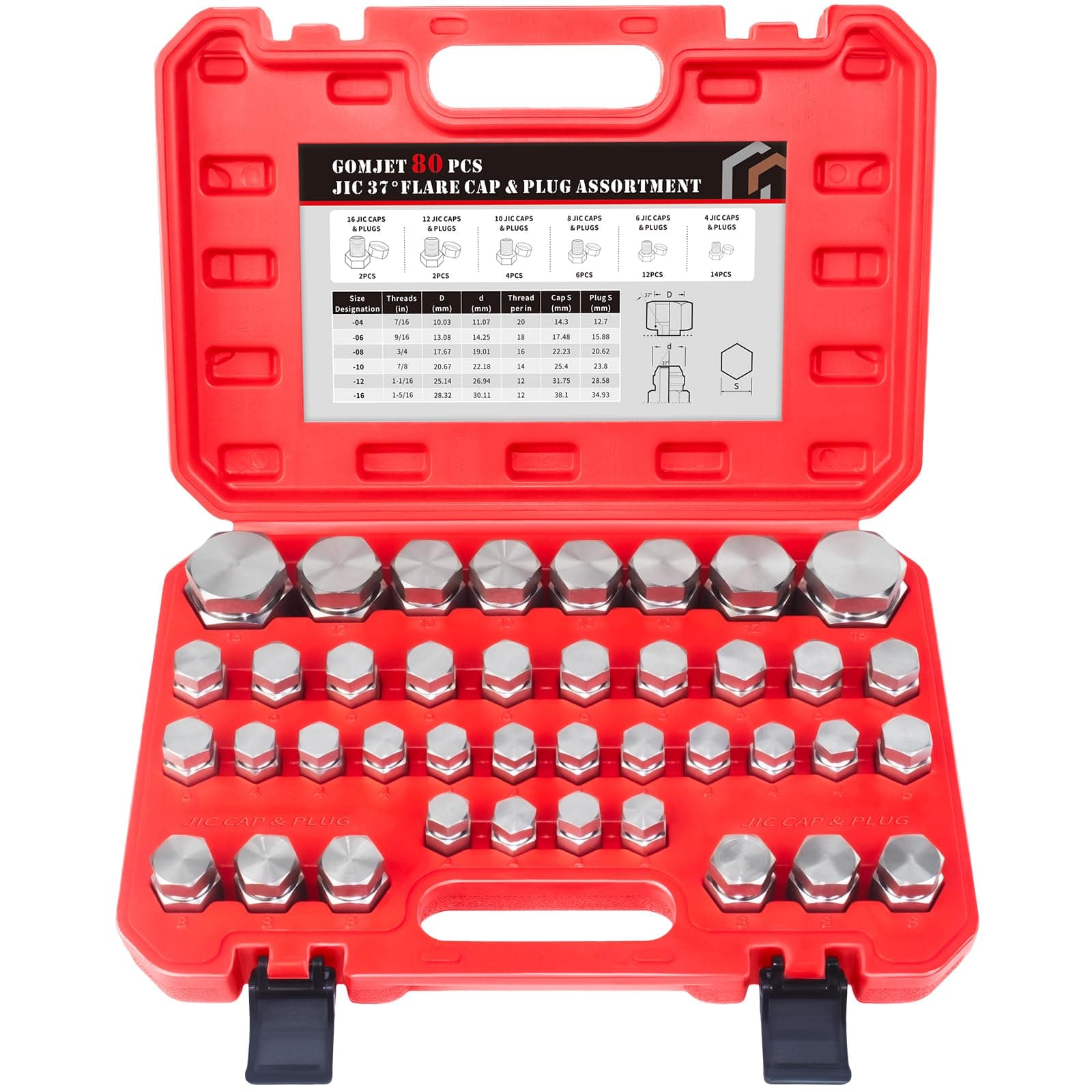 80 PC JIC Master Industrial Hydraulic Cap and Plug Hose Tube and Pipe Fitting Kit Cap and Plug Kit Precision Threading in ORFS and 37° Dash Sizes 4 6 8 10 12 16