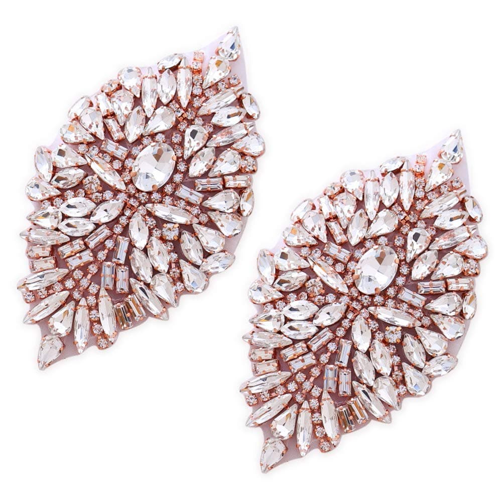 Rhinestone Iron On Patch Motif Applique DIY Crystals Patch Rhinestone Hot Fix Applique Sewing Appliques for Shoes Rose Gold-Pack- 2 Pieces(4.1" x 2.28")