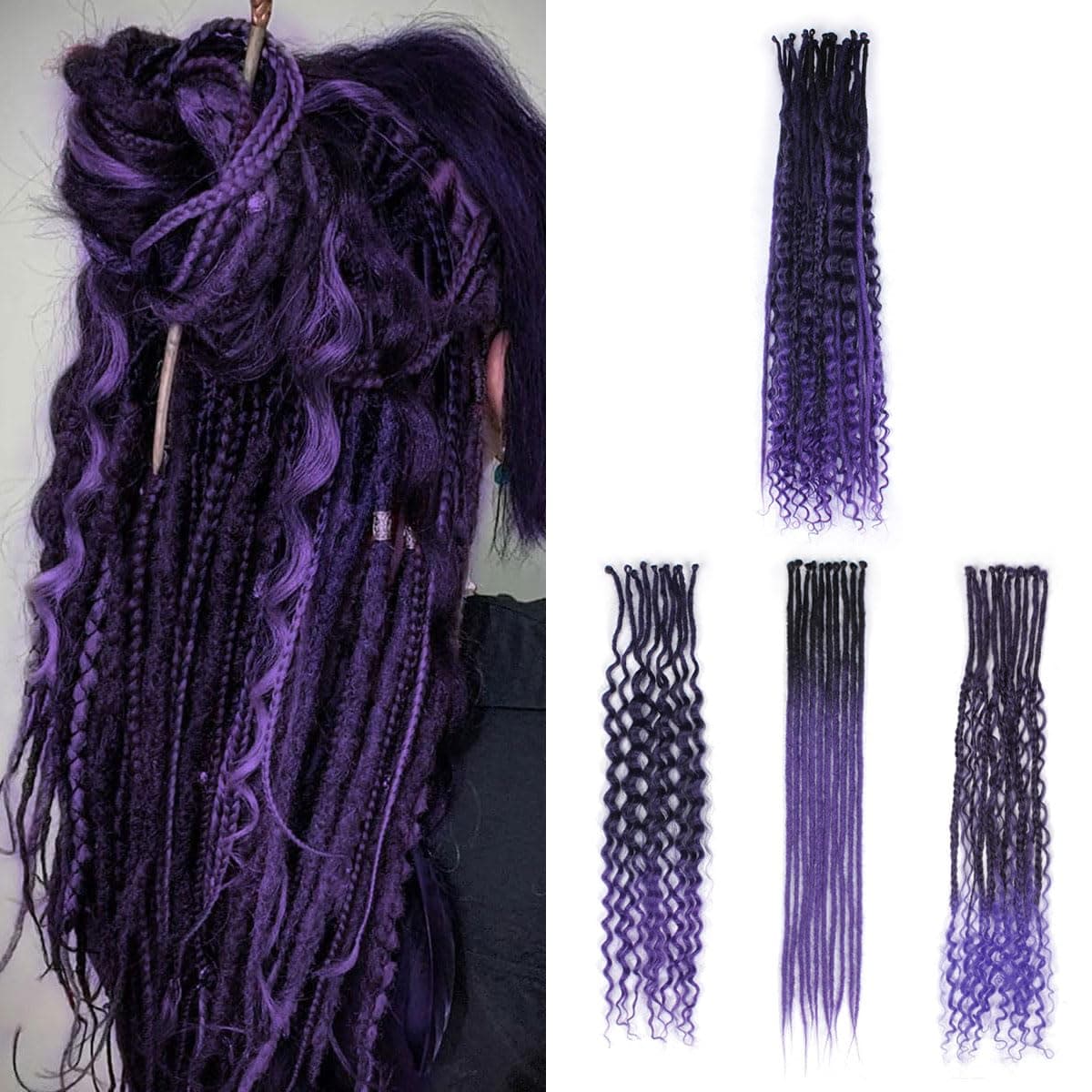 24in Single Ended 3 in 1 Dreadlock Extensions, 24in 30pcs Ombre Purple Mixed Dreads Extensions Set SE Dreads with Curly Dreadlocks for White Women