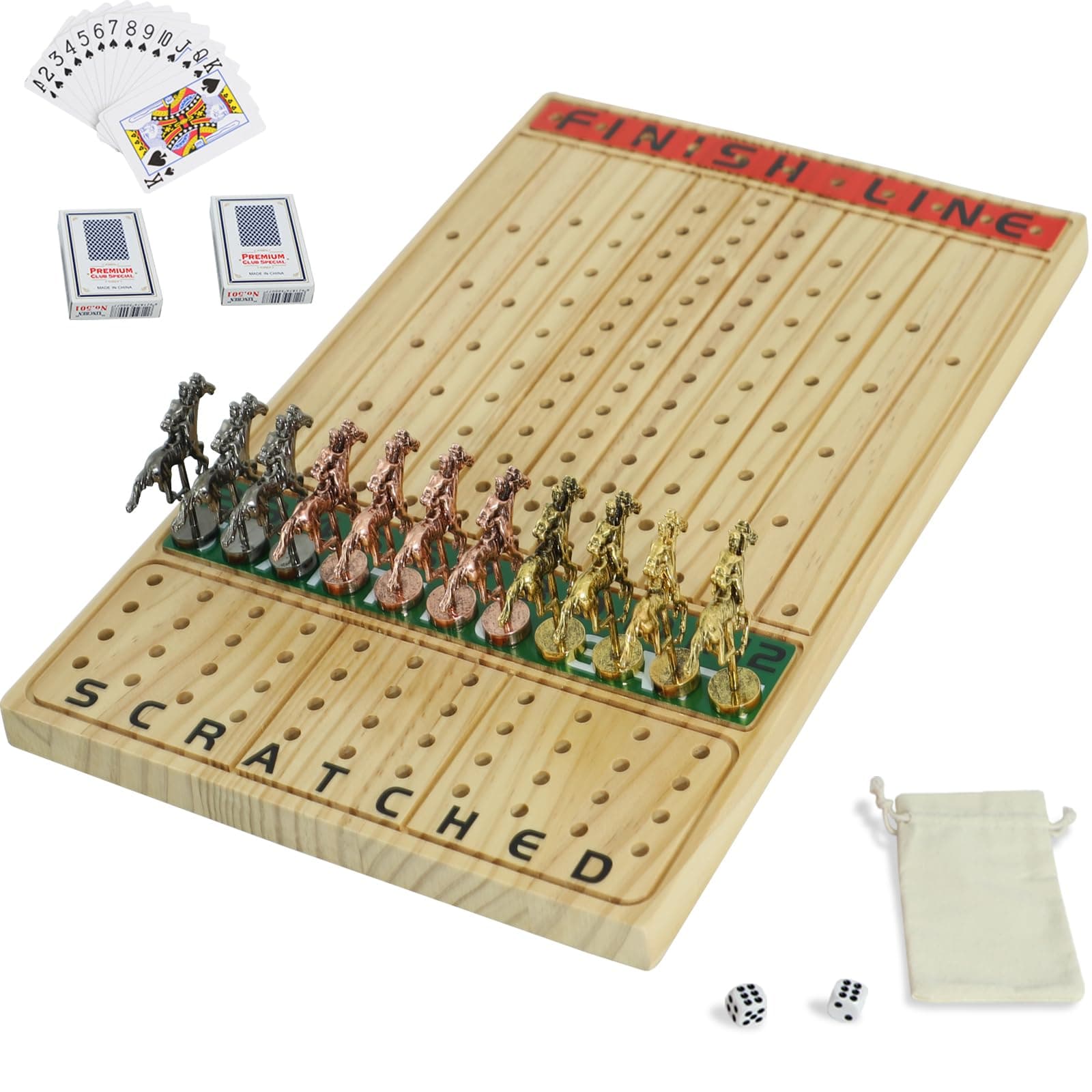 Jyquorp Horse Race Board Game Racing Game Thickened Solid Wood with 11 Luxurious Durable Classic Metal Horses with 2 Dice and 2 Boxes of Cards Horse Racing Game (Log Color, Rectangle)
