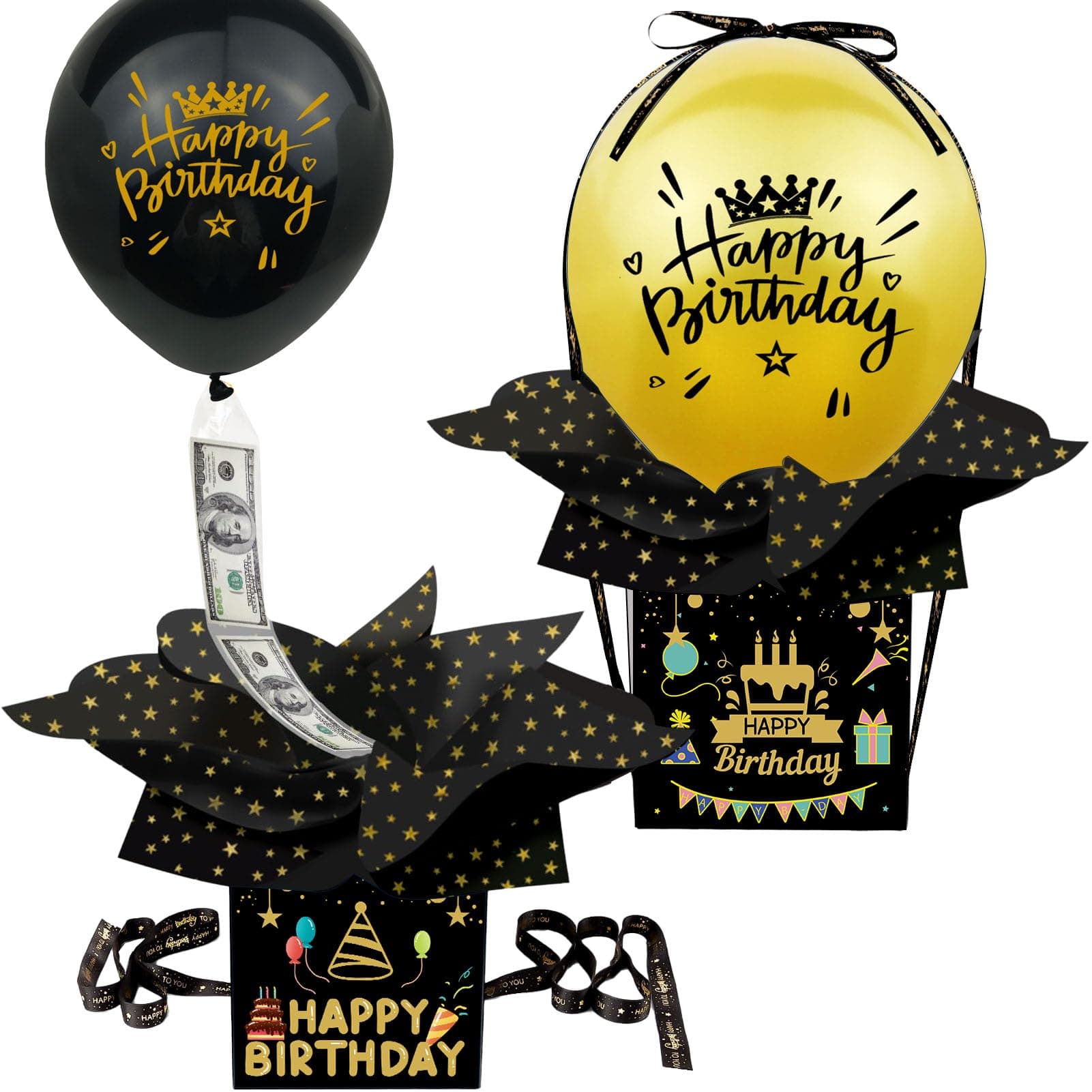 2 PCS Money Pull Box for Cash Gift, Funny Pull Money Balloon Box Happy Birthday Surprise Set with 15 happy birthday balloons,Unique Birthday Surprise Gift Box for Wife、Friend.(Gold)