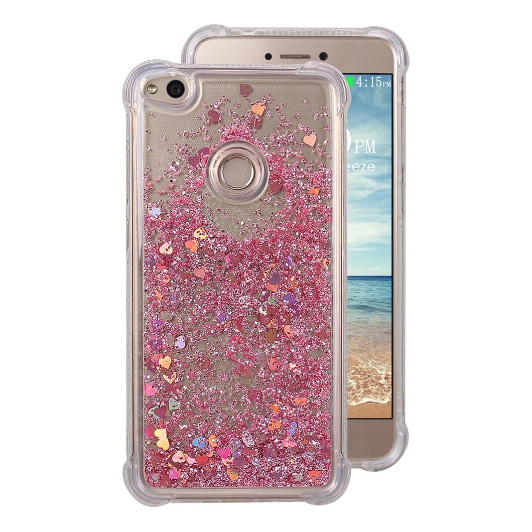 Huawei P8 Lite 2017 liquid case, pink loop, 3D flowing liquid bling, dynamic quicksand, star glitter case, non-slip, scratch resistant, transparent, silicone protective shell cover for Huawei P8 lite 2017