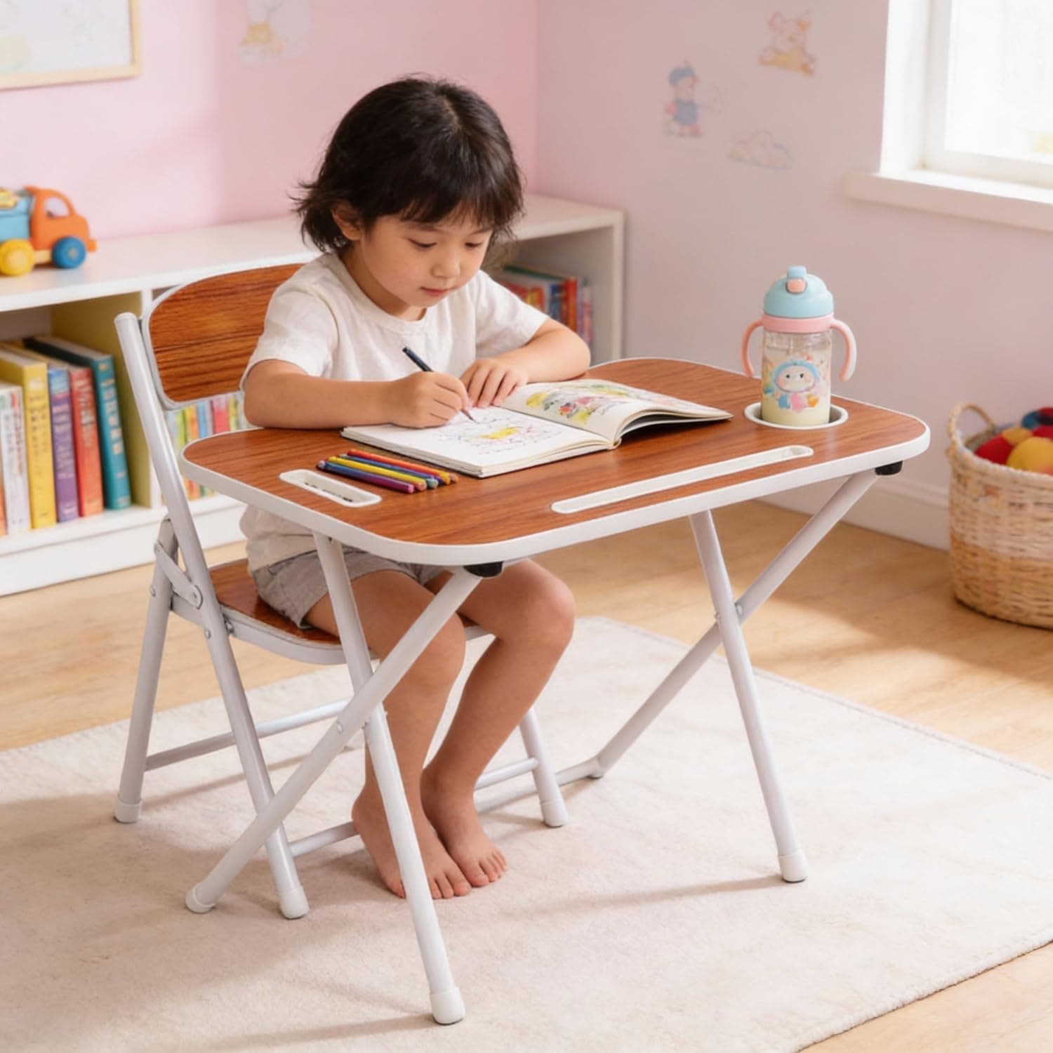 The Tickle Toe Foldable Study Table and Chair Set for Kids | Engineered Wood & Metal Frame | Compact Desk for Toddlers Age 2-5 | Portable Learning Table | Walnut Brown | Made in India