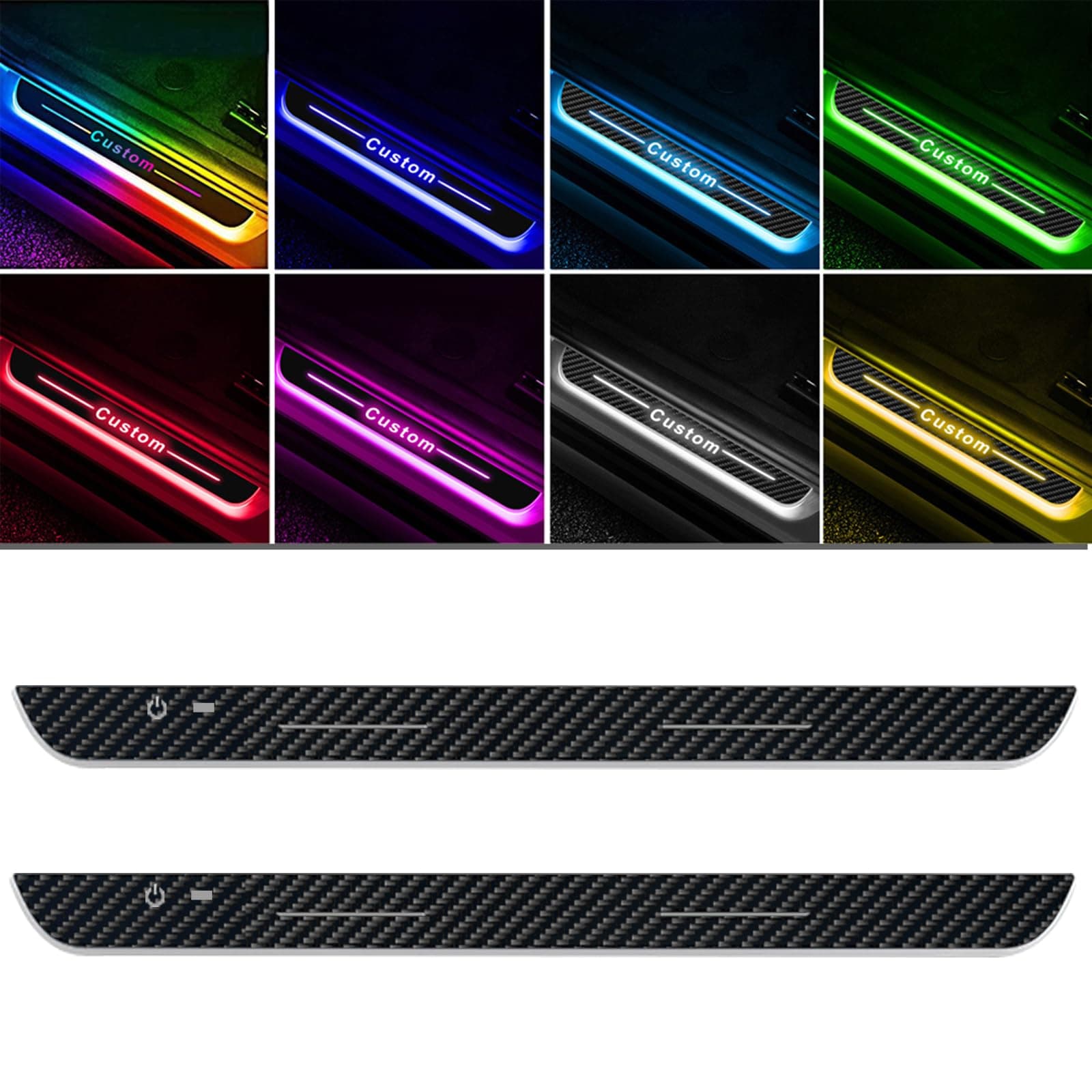 2Pcs Wireless LED Car Door Sill Lights, High Bright & Sensitive Wireless Colorful 7 Color 28 Modes Custom Carbon Fiber Anti-Scratch Door sill Plate, LED Car Doorsill Lights