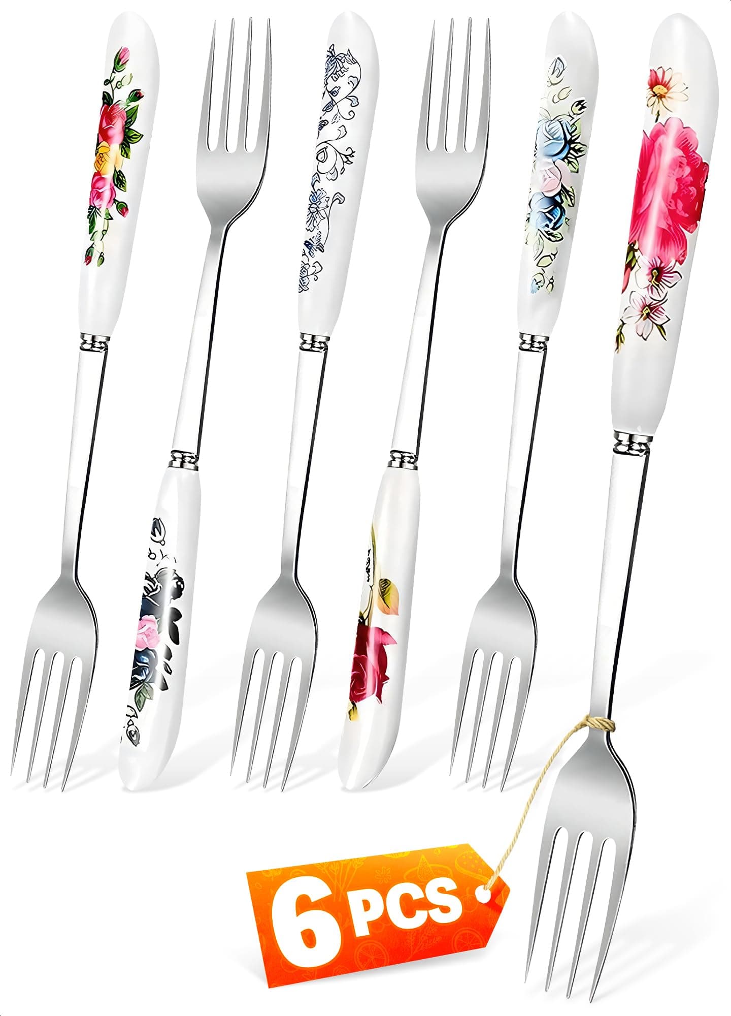 6 PCs Dinner Forks Stainless Steel – Fork Set With Floral Design, Ceramic Handle, 8.3" Utensils for Table Serving, Built to Last, Dishwasher Safe – Kitchen Gift Set for Special Occasions and Daily Use
