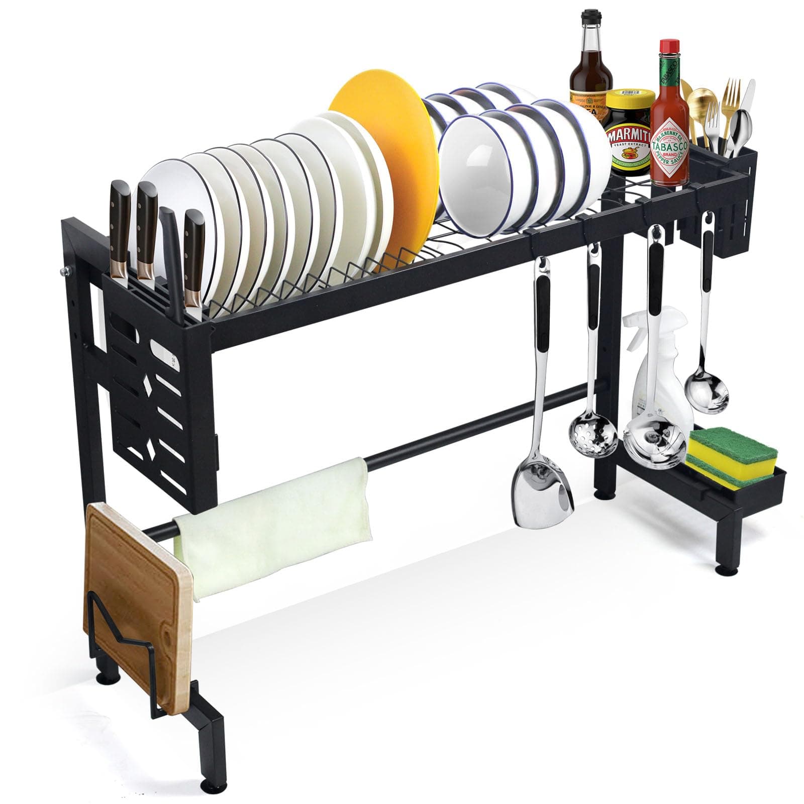 SKY-TOUCH Dish Drainer Rack | Over The Sink Dish Drying Rack | 2 Tier Dish Rack | with Metal Hook |Utensil Sponge Holder Caddy|Large capacity and space saving(24.8"-34.4") Black