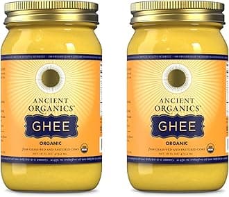 Ancient Organics Ghee, Organic Grass Fed Gluten Free Clarified Ghee Butter with Vitamins & Omegas, Lactose Free, 100% Certified Organic, Kosher, USDA Certified, Made in USA - 16 Fl Oz (Pack of 2)