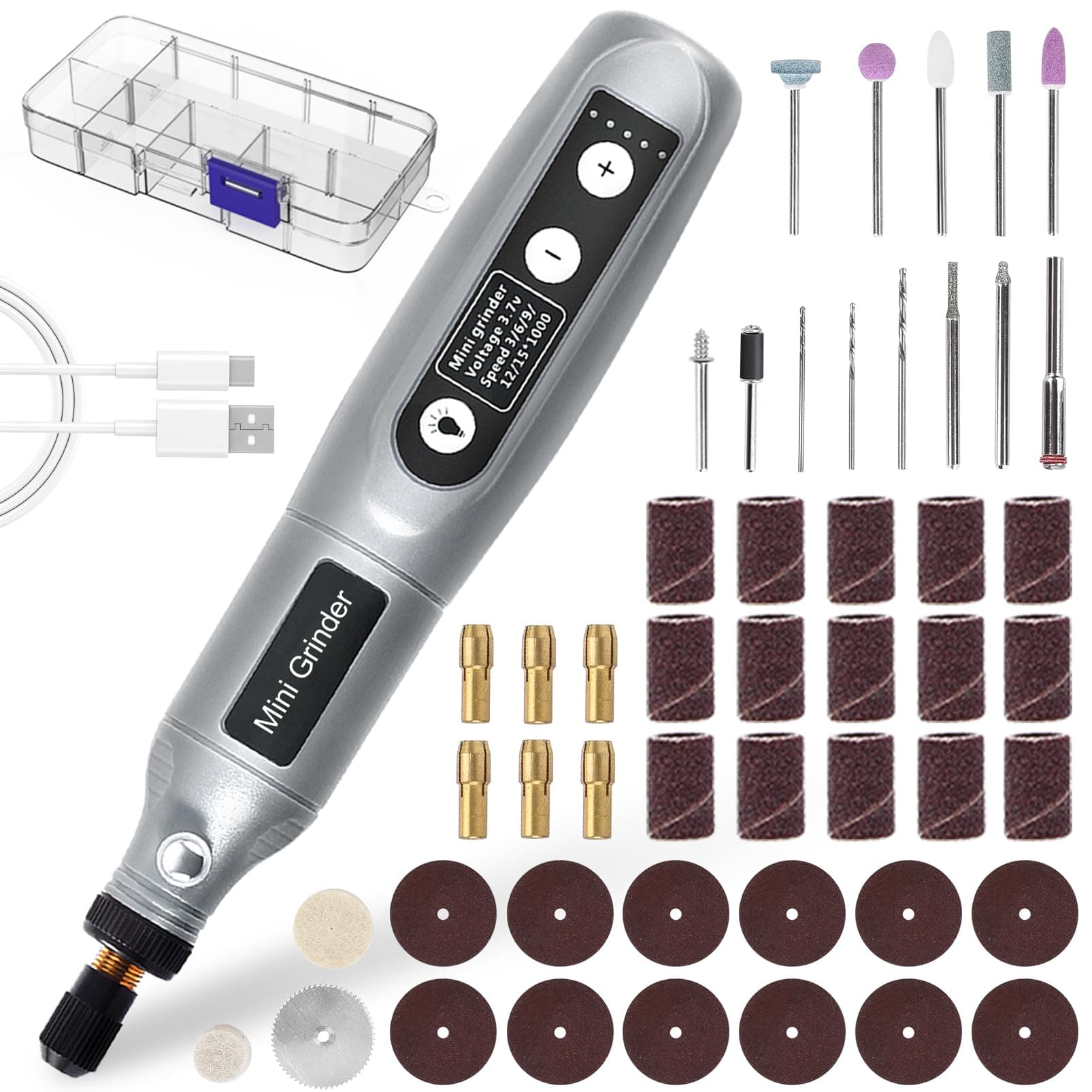 Cordless Mini Rotary Tool Kit - 5 Speed Adjustment USB Rechargeable Mini Grinder with Light 50 Accessories Multi-Purpose Power Rotary Tool for Sanding Polishing Drilling Etching Engraving DIY Crafts