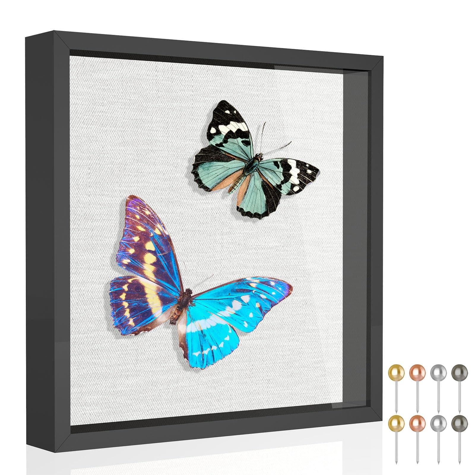 11x11 Shadow Box Frame with Soft Linen Back - Metal Push Pins Included, Memory Box Display Case for Memorabilia Flower Awards Medals Wedding Photos, Black