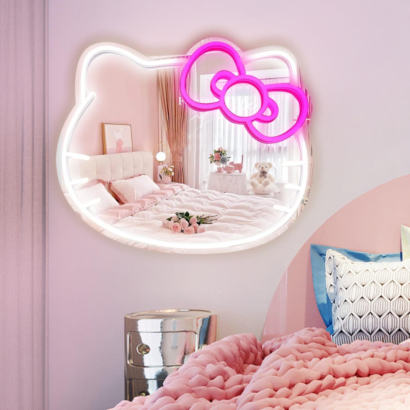 Anime Hello Kit Mirror with Light Neon Signs for Wall Decor, Teen Girl Gift,Makeup Mirror neon Sign Room Decor (14.6 * 12.2 inch)