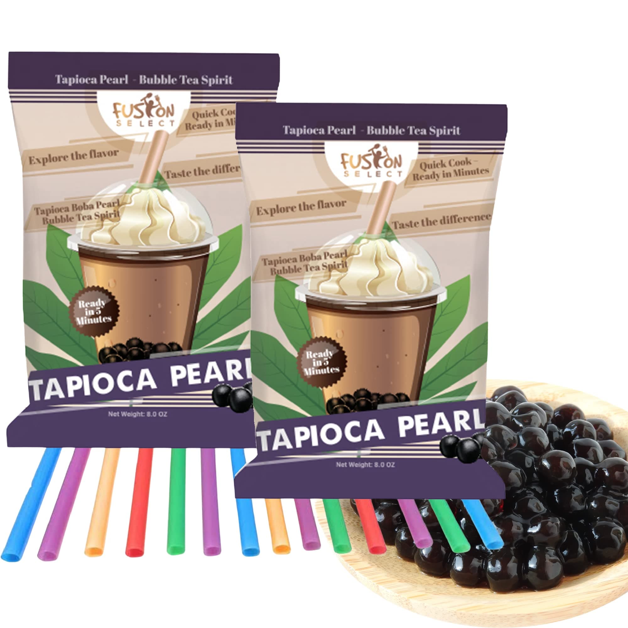 Fusion Select Tapioca Pearl - Black Sugar Flavor Quick Cook Tapioca with Boba Straws, DIY Boba, 5 Minutes Boba, Boba Pearls, Bubble Tea Pearl, Milk Tea Topping, Net Weight 8 Ounce (2 Packs + Straws)