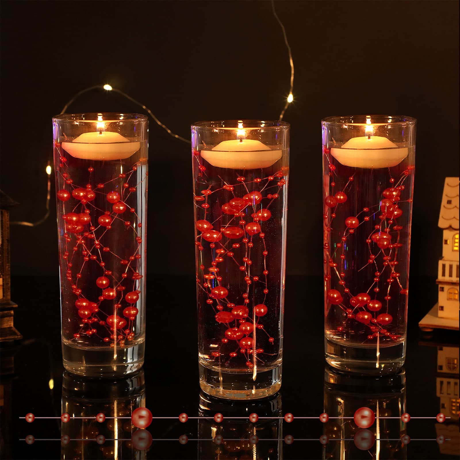 Nuanchu 50 Pieces Artificial Pearl String for Floating Candles 6 Inch Pearl String Filler Vase Fillers Floating Candles Centerpiece for Dinning Table Party Home Bridal Bouquet Centerpiece (Red)