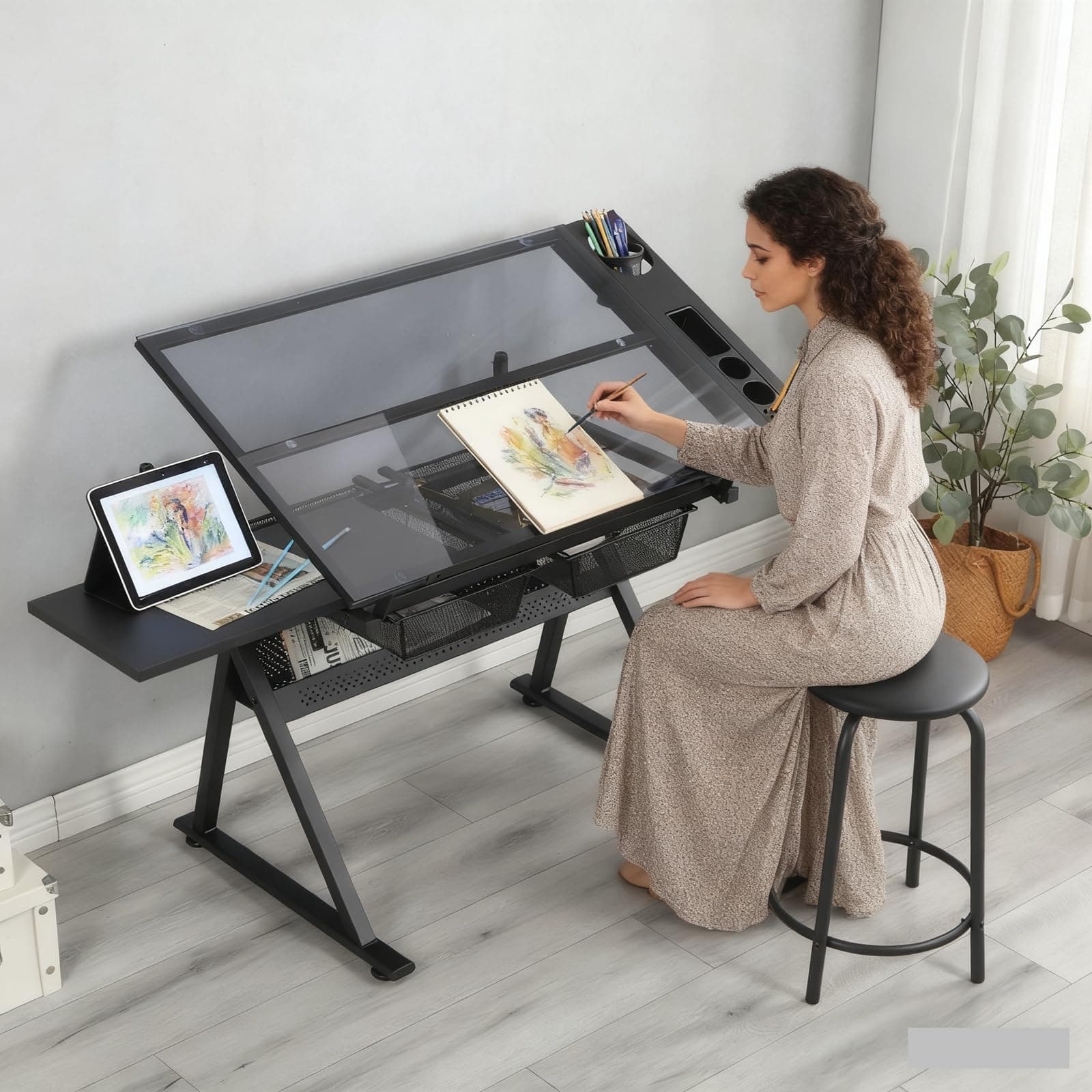 Roockky Drafting Table, 0-75° Tilting Glass Tabletop Drawing Table with Stool - Adjustable Height Art Desk with Multi-Storage for Sketching and Painting - Perfect for Artists and Hobbyists