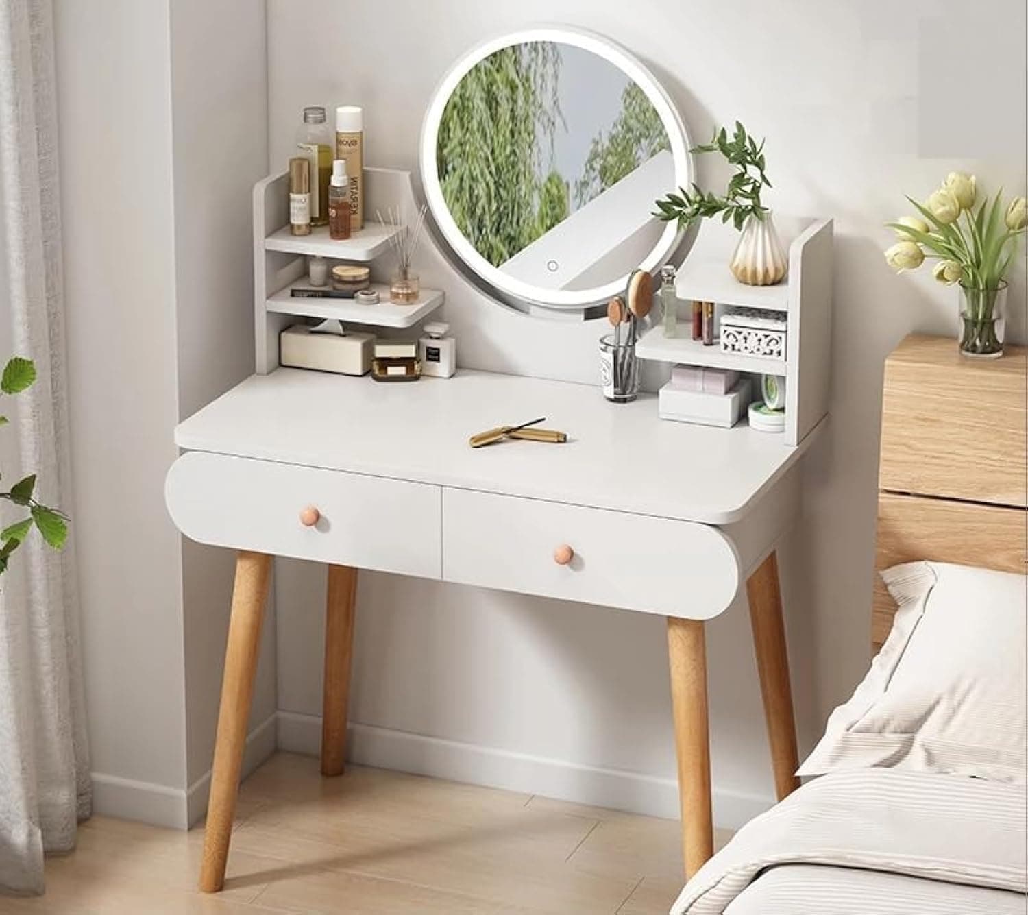 Depar Makeup Dressing Table with Mirror and Drawers For Small bedroom Studio Minimalist Nordic Design Wooden Dresser (white)