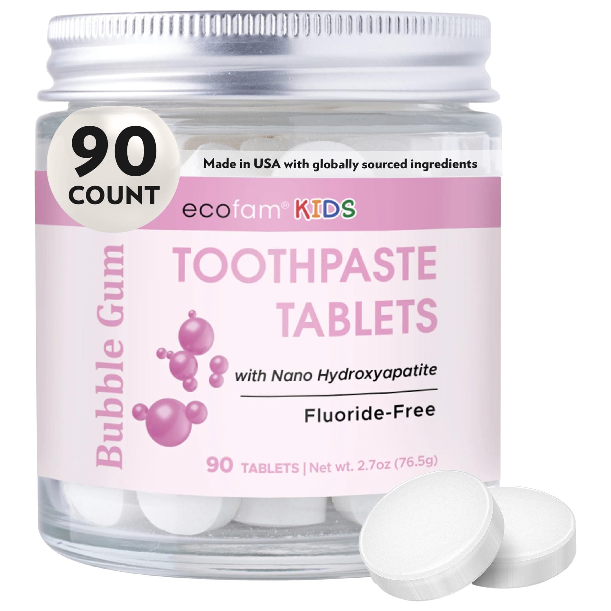 Ecofam Kids Toothpaste Chewable Tablets - 90 Natural Xylitol Tabs - Zero Waste Glass Jar - Travel Friendly - Fluoride-Free -with Nano Hydroxyapatite -Vegan - Made in The USA (Bubble Gum)