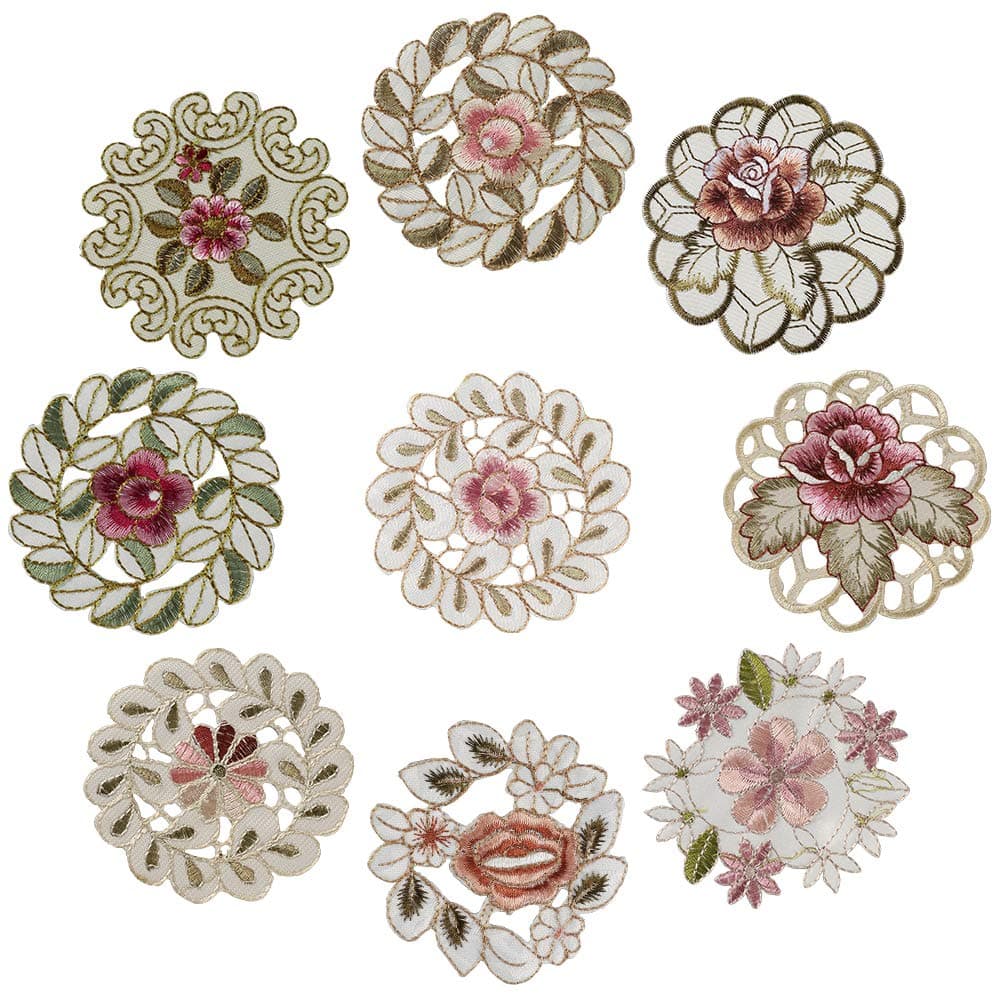 Soleebee Embroidered Flowery Round Coasters Table Placemats Cup Mat Set for Home, Wedding, Tabletop,Holiday Decoration - 4 Inches (Pack of 9)