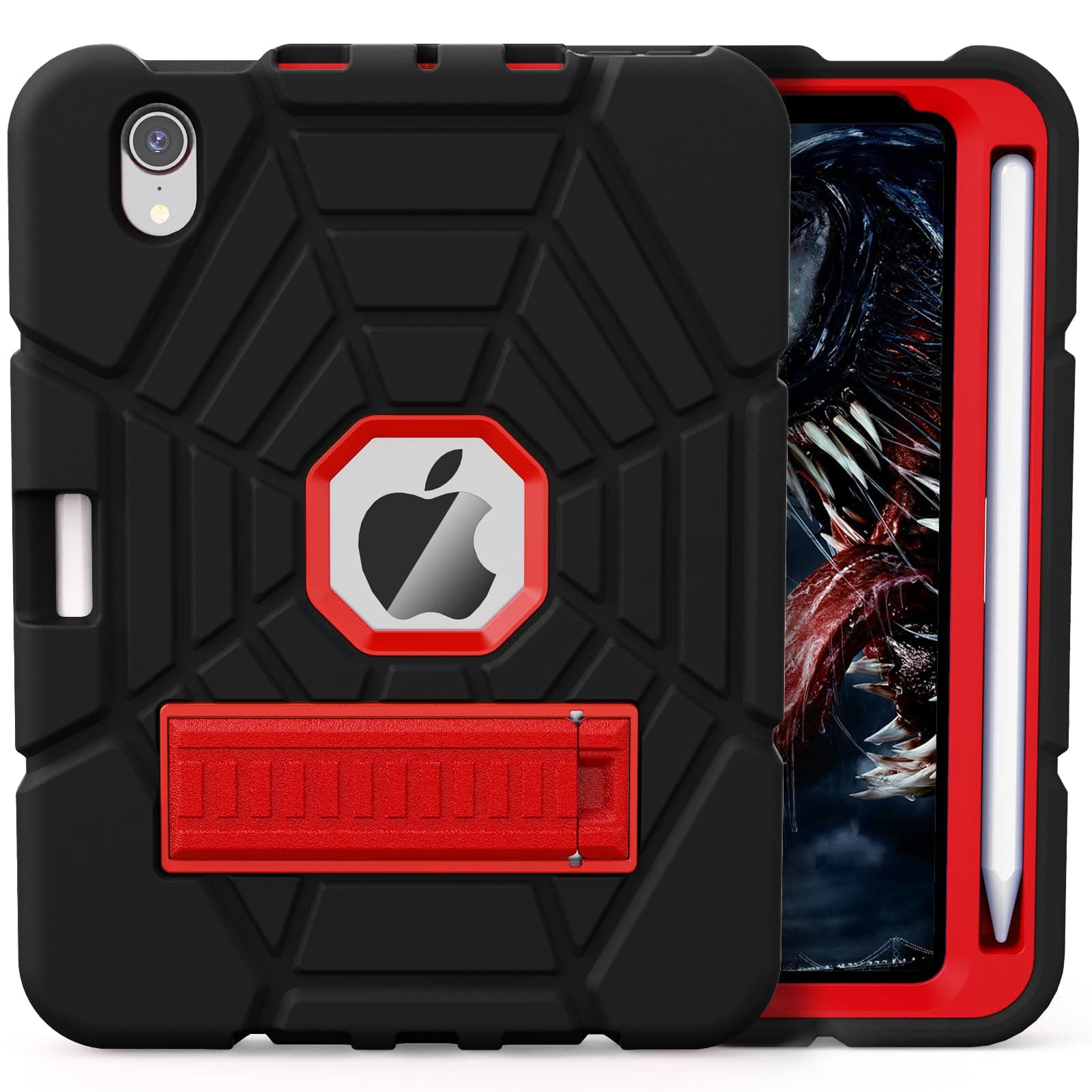 Grifobes Case for iPad mini 7th 2024 (A17 Pro) / Mini 6th Generation 2021 8.3", Heavy Duty Shockproof Cover with Pencil Holder Stand, for Mini 7/6 Gen 8.3 inch Case for Kids Boys (Black+Red)