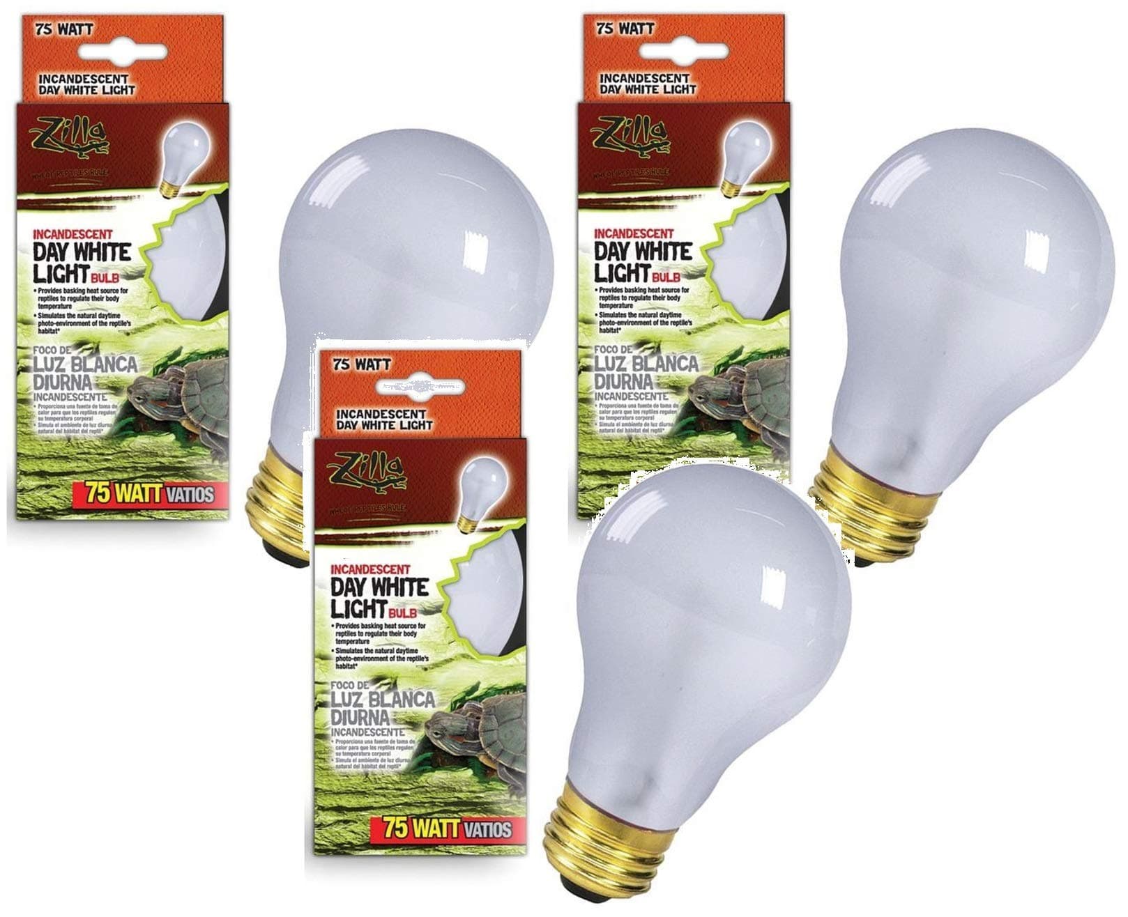 (3 Pack) Zilla Incandescent Reptile Bulb, Day White Light & Heat, 75 Watts