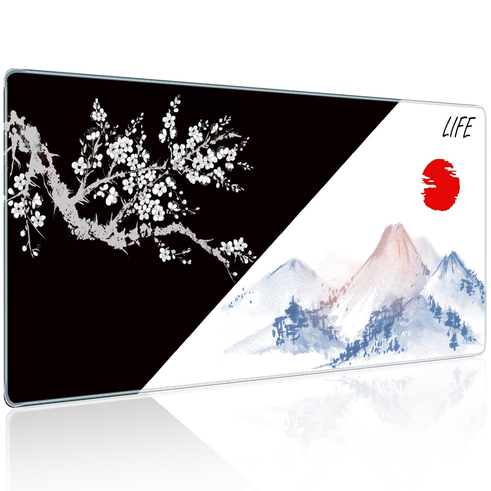 Japanese Death & Life Style Large Mouse Pad, 31.5 X 11.8 Inch Cool Design Full Desk Gaming Mouse Pad Desk Mat, Black White Cherry Blossom & Watercolor Japan Fuji Mountain Painting Mouse Pad