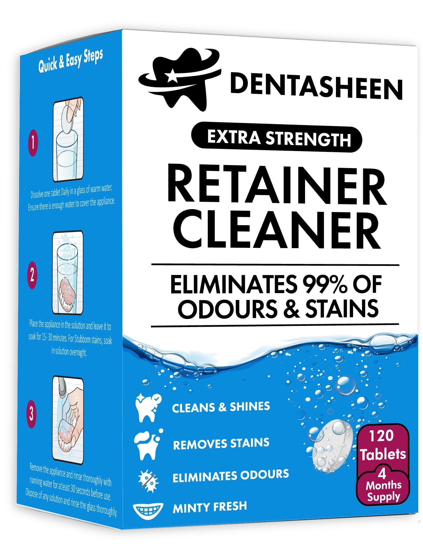 Retainer Cleaner Tablets - 120 Tablets 4 Months Supply - Fresh, Brite and Stain-Free Retainer Cleaning Tablets, Aligner, Gum Shield, Mouth Guard, Denture Cleaners - Dentasheen