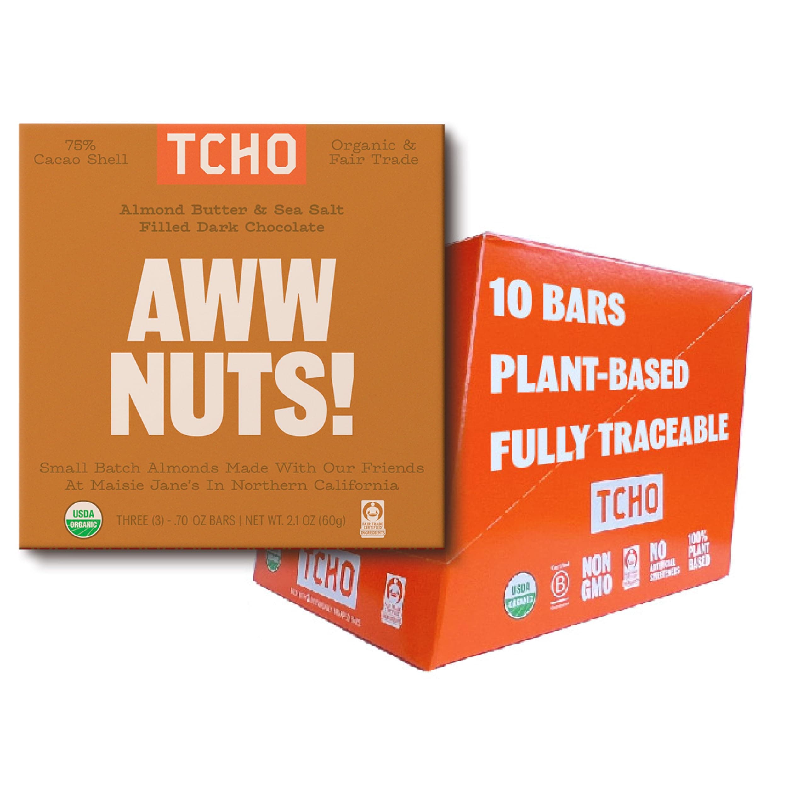 TCHO Aww Nuts! 75% Dark Chocolate Bars (10 pack) | Plant Based, Organic & Fair Trade | Non GMO, Non-Dairy, Vegan Chocolate, Soy Free (2.1oz each)
