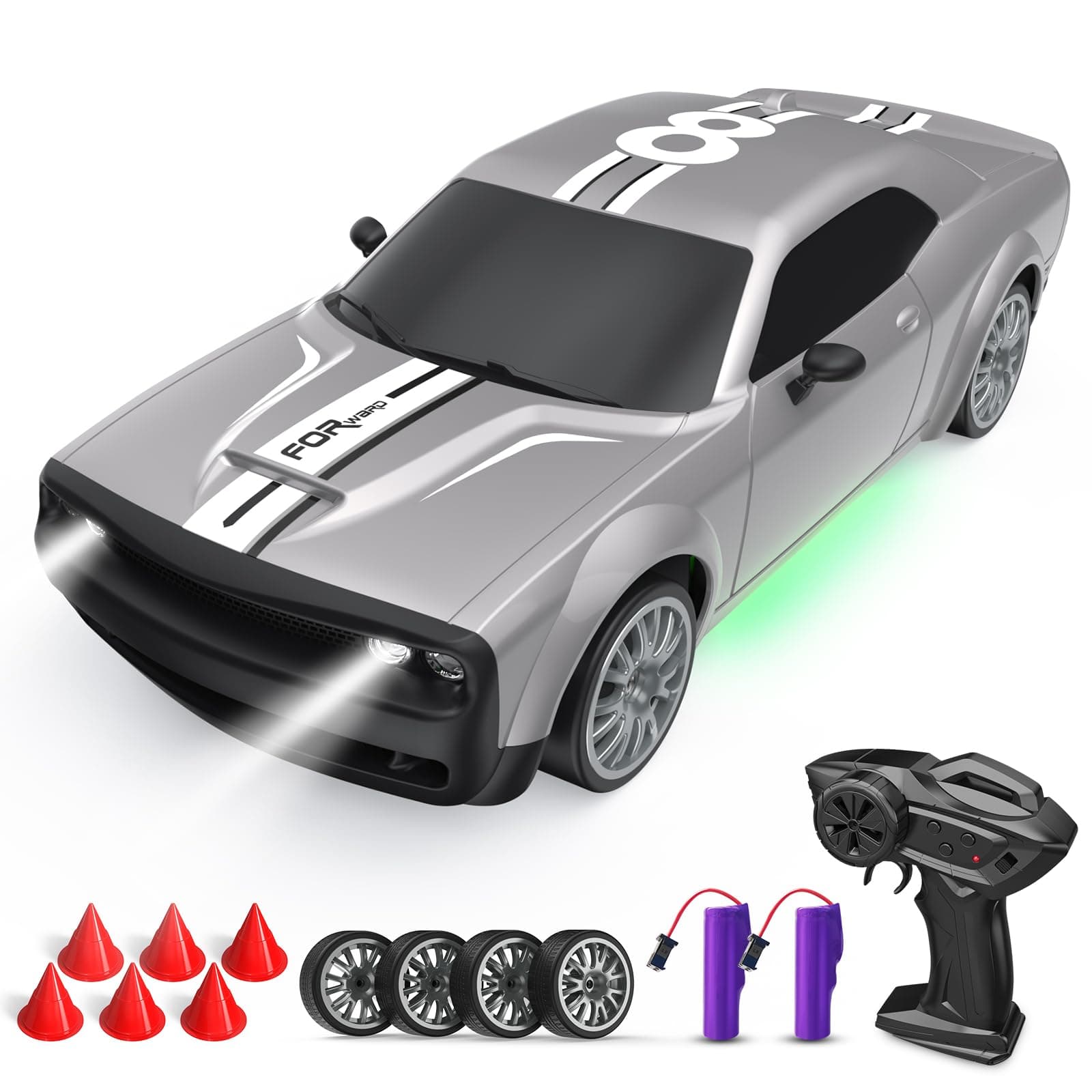 RC Drift Car Remote Control Car 2.4GHz 1:20 Scale 4WD 20KM/H High Speed Remote Control Cars Vehicle with LED Lights Drifting Tire 2Pcs Rechargeable Batteries Toy Cars for Adults Boys Girls (Silver)