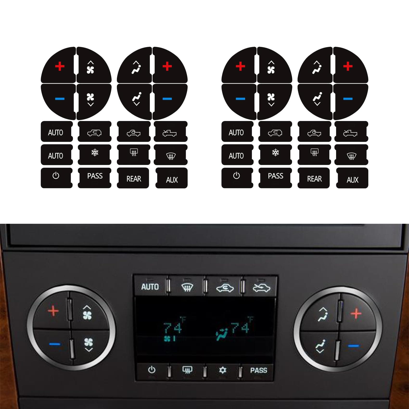 2PCS AC Dash Button Repair Kit, AC & Radio Button Repair Sticker, Decal Replacement for Fixing Ruined Faded A/C Controls, Car Interior Accessories Fit for Chevy and GMC
