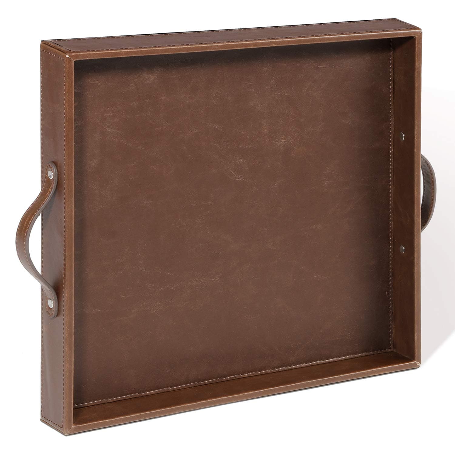 Ranslen Square Leather Serving Tray with Handles, 15"x15" Decorative Table Tray for Home, Ottoman, Coffee Table, Brown