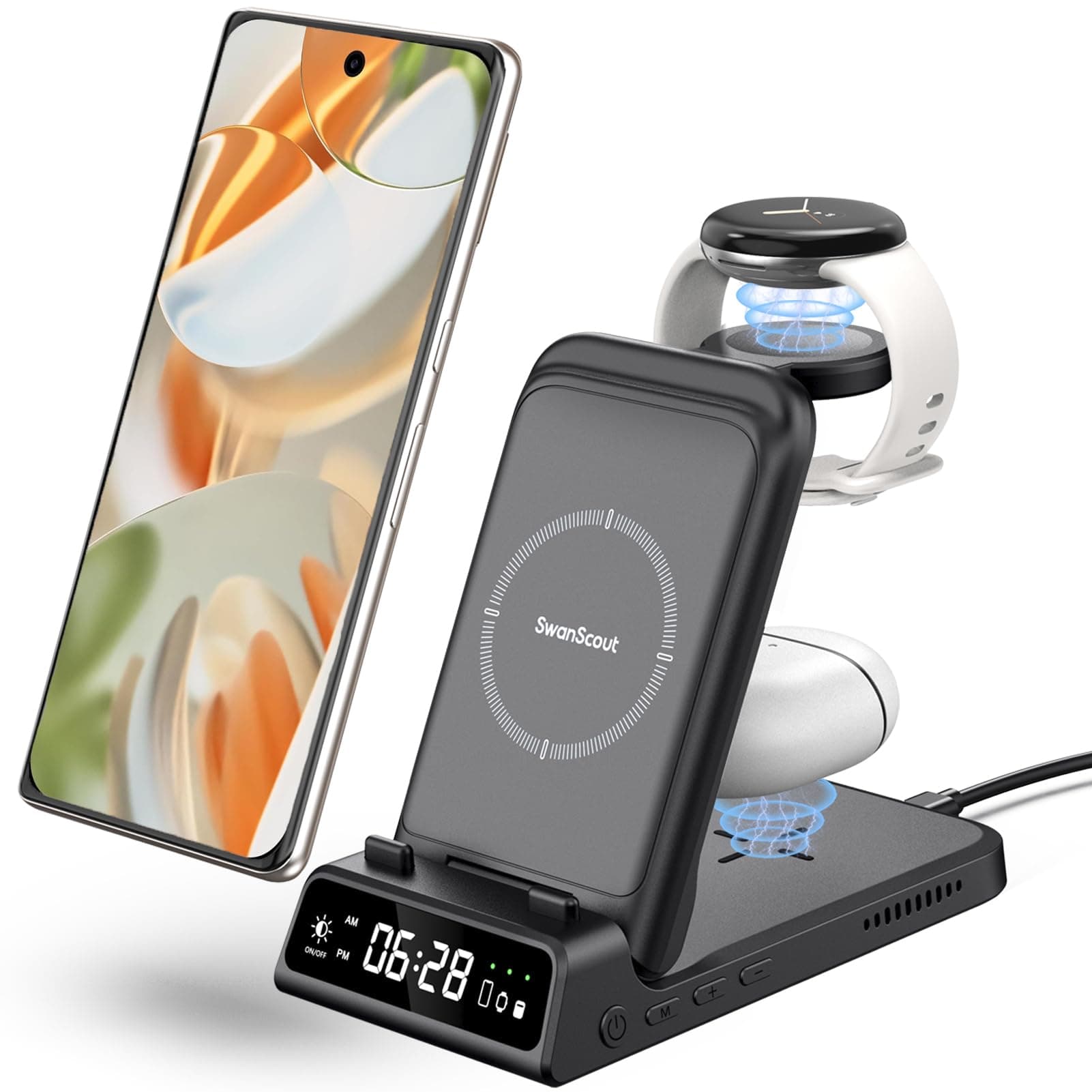 Wireless Charging Station for Google Pixel Watch 1 (Not for Pixel Watch 4/3/2) 3 in 1 Wireless Charger for Google Pixel 10/10 Pro/10 Pro XL/9/9 Pro/9 Pro XL/8/7/6, Pixel Buds Pro/2/2a, SwanScout 703G