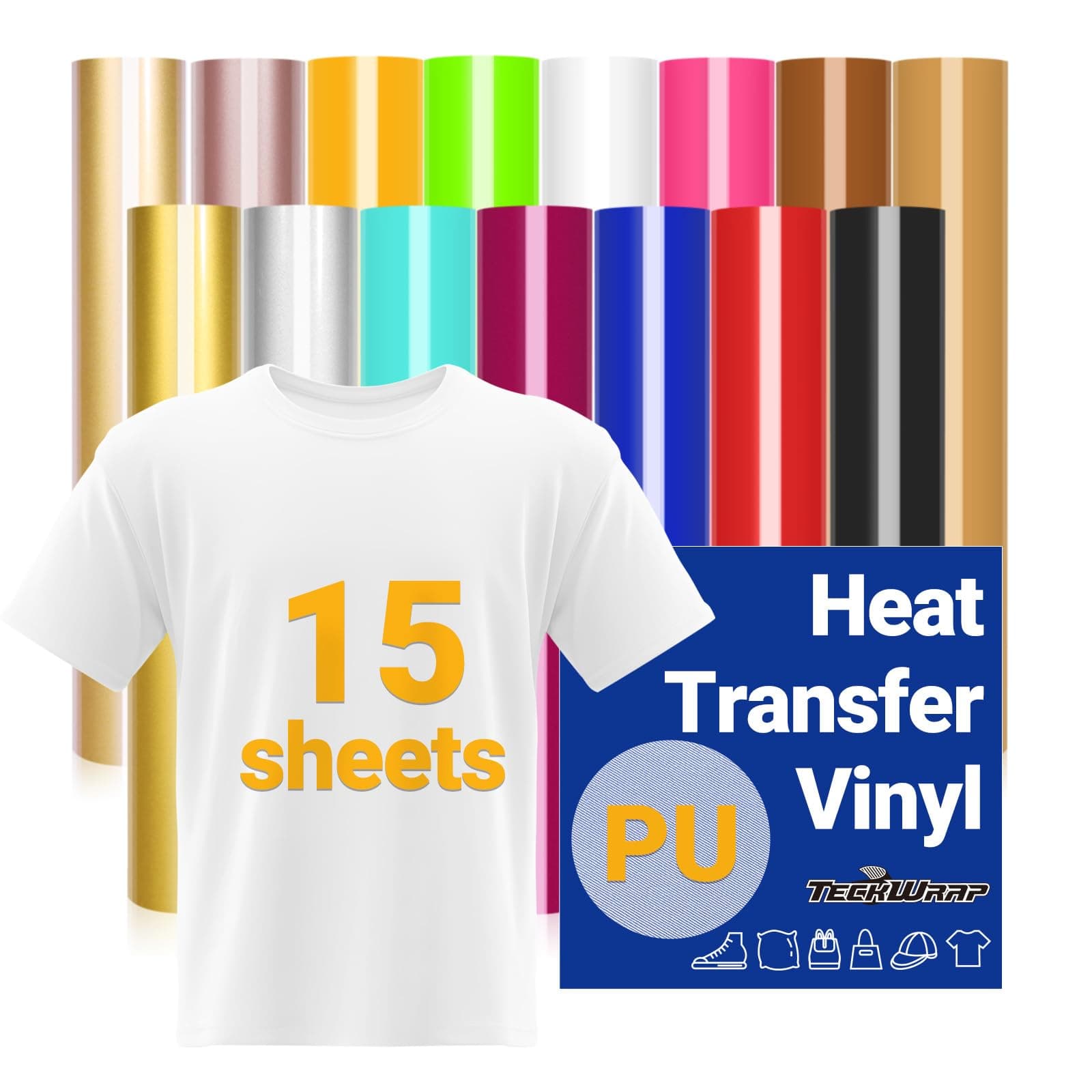 TECKWRAPHeat Transfer Vinyl Bundle - 15 Sheets 12" x 12" Iron on Vinyl for T-Shirt, 15 Colors HTV Vinyl Compatible with Heat Press Craft Cutters (PU 15 Colors)