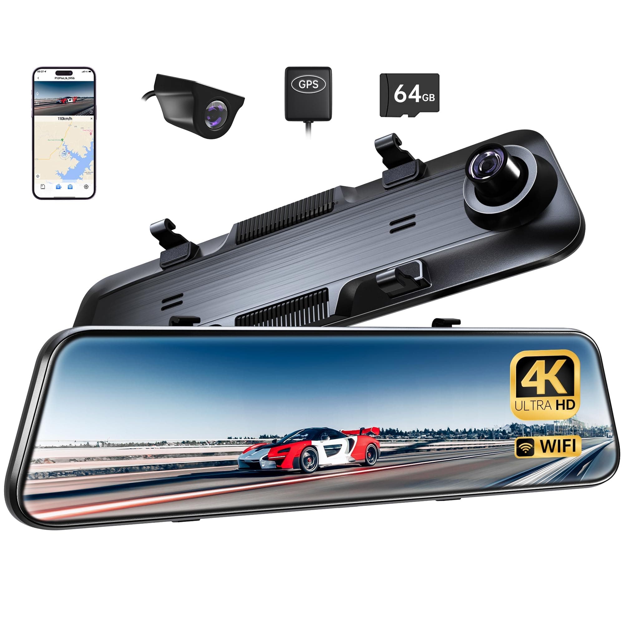 P12 Plus 4K WiFi Rear View Mirror Camera, Dash Cam Front and Rear w/ 12" Touch Screen, Mirror Dash Cam Backup Cameras for Cars, 64GB Card&GPS Included, ADAS, Reversing Aid, WDR Night Vision