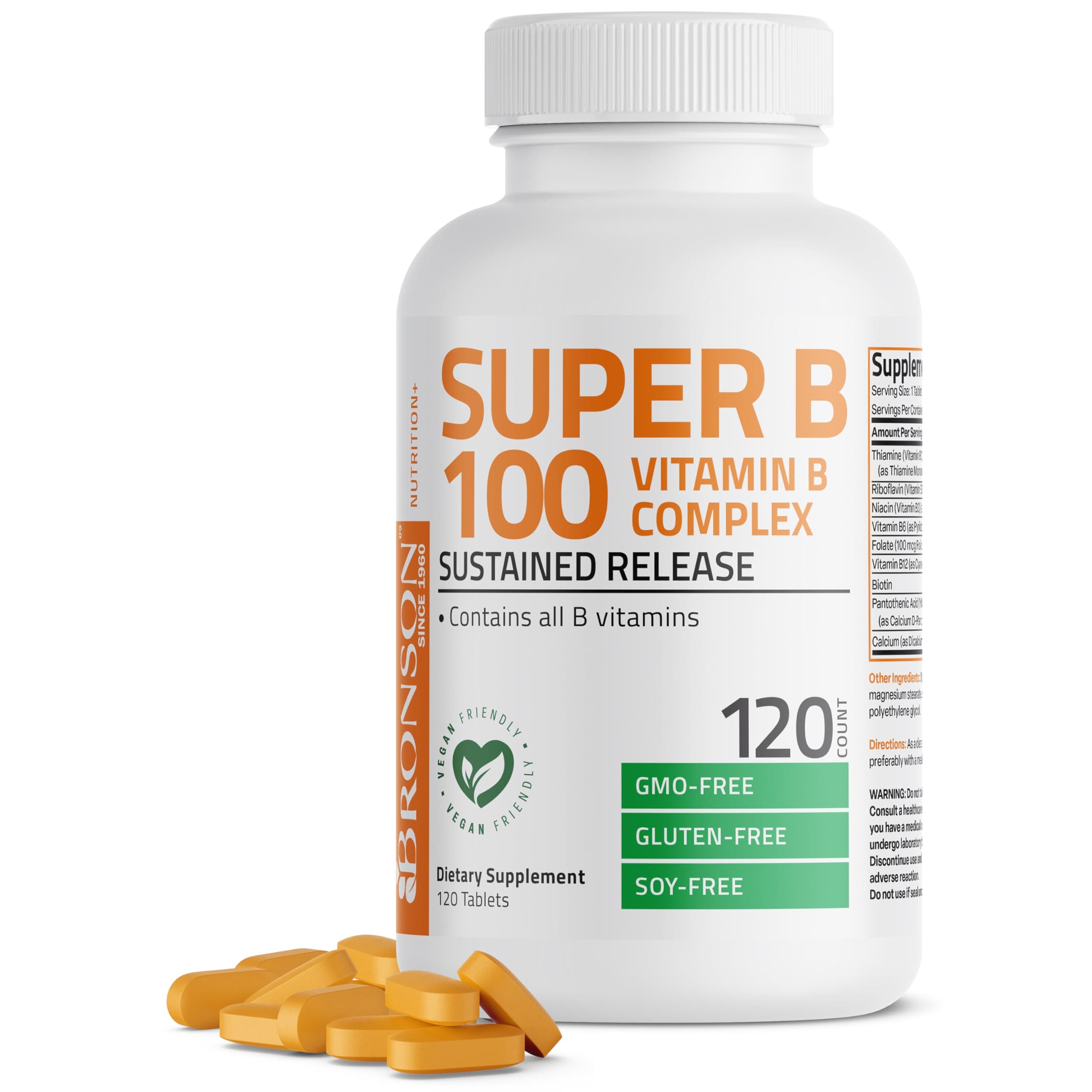 Super B100 Vitamin B Complex Sustained Release Contains All B Vitamins (Vitamin B1, B2, B3, B6, B9 - Folic Acid, B12), 120 Tablets