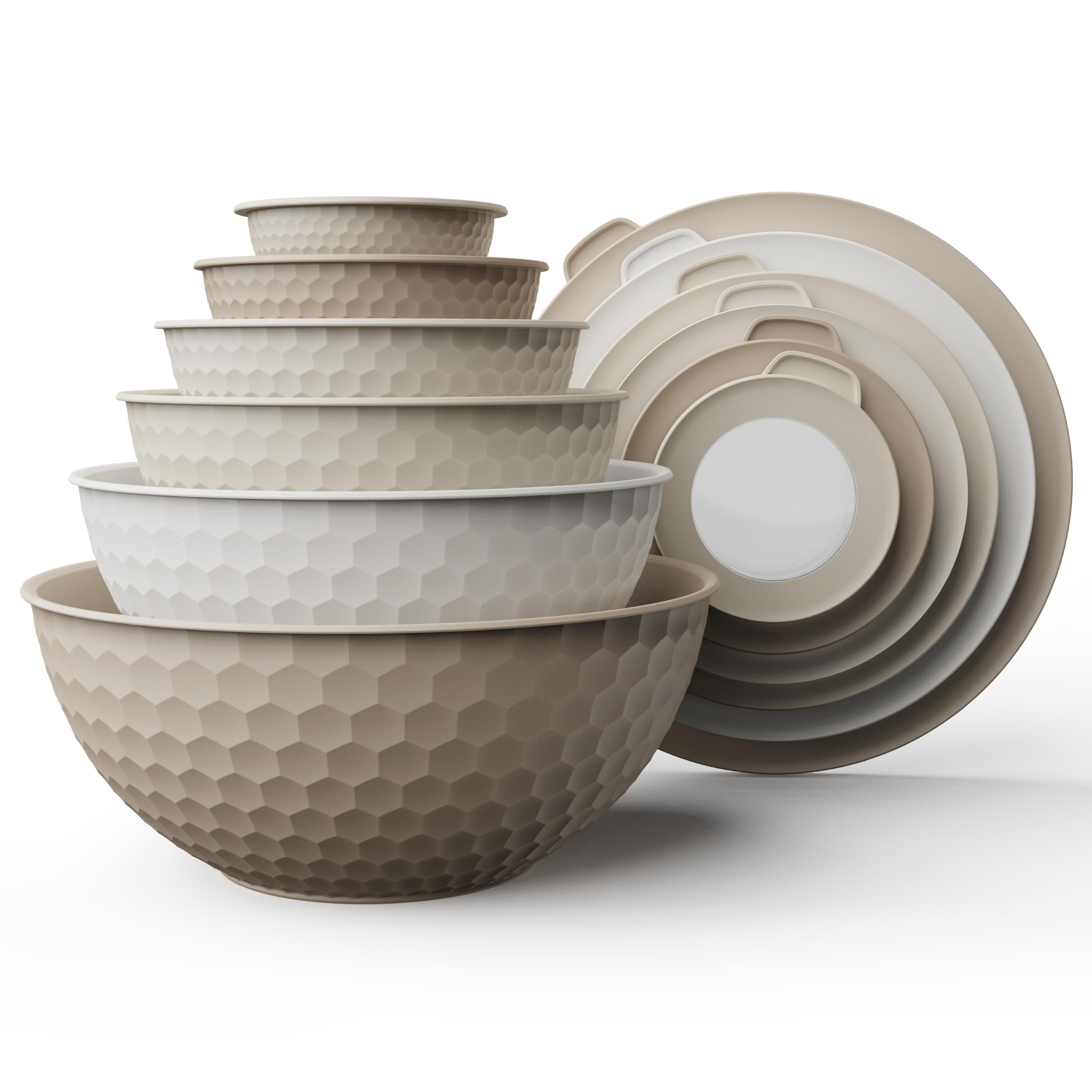 Mixing Bowls with Lids - 12 Piece Plastic Nesting Bowls Set includes 6 Prep Bowls and 6 Lids, Microwave Safe Mixing Bowl Set, Brown Embossed