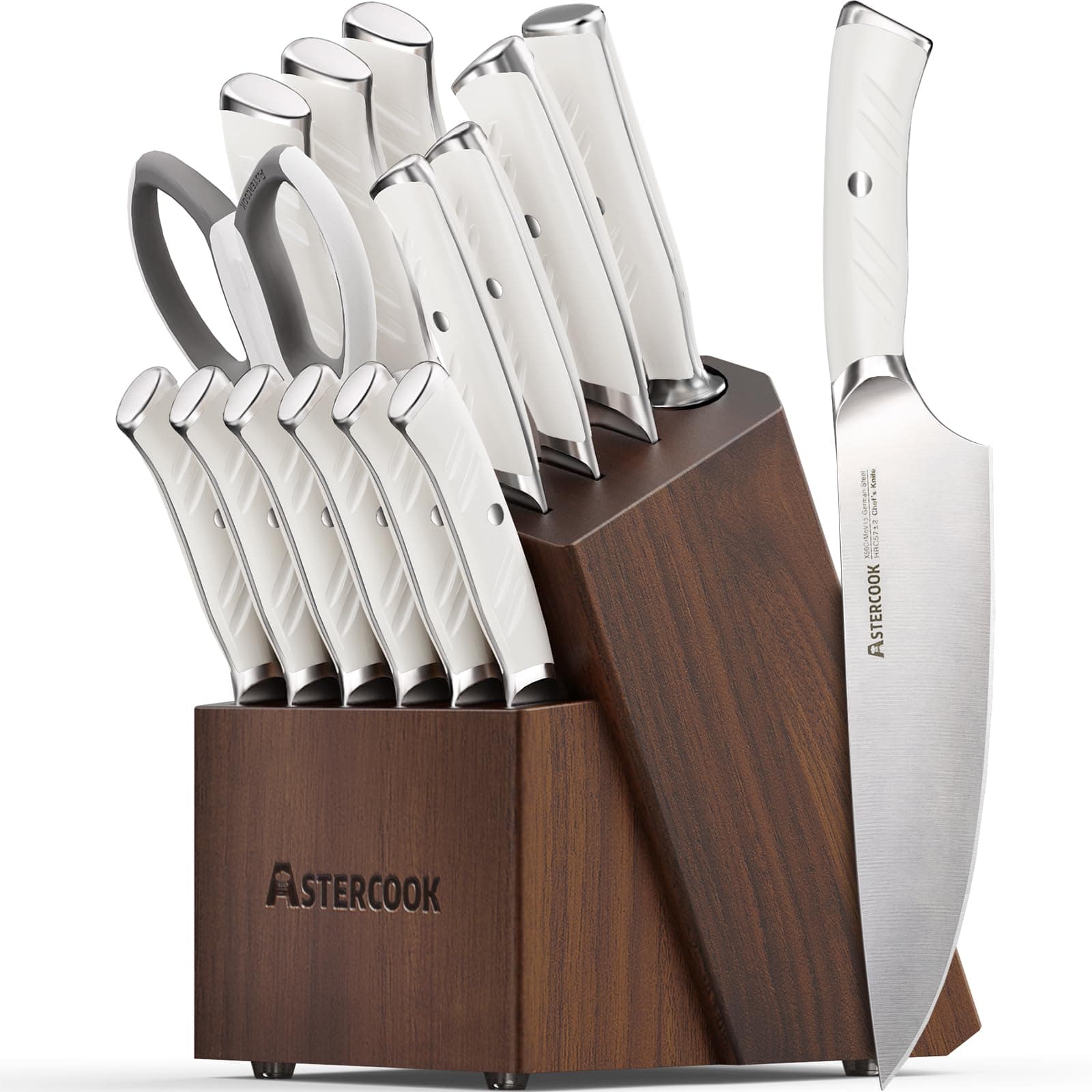 Knife Set, Astercook Kitchen Knife Set with Block, 15 Pcs Luxurious High Carbon German Stainless Steel Knives Set with Full Tang Ergonomic Handle, Dishwasher Safe Knife Block Set with Sharpening Rod