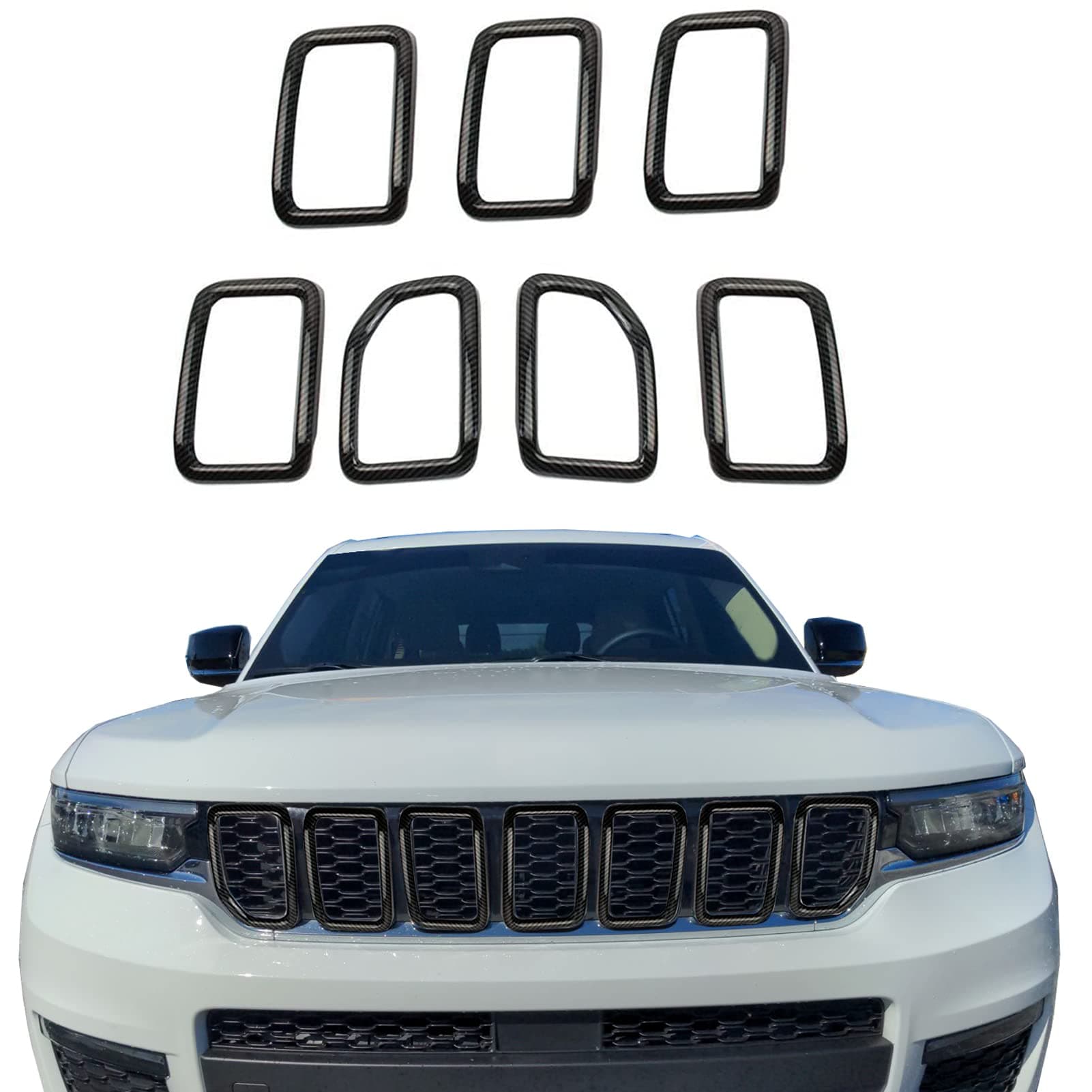 Tocatus Front Grill Mesh Inserts Grille Kit for 2022 2023 2024 Jeep Grand Cherokee, for Jeep Grand Cherokee L 2021 2022 2023 2024, ABS Carbon Fiber 7pcs