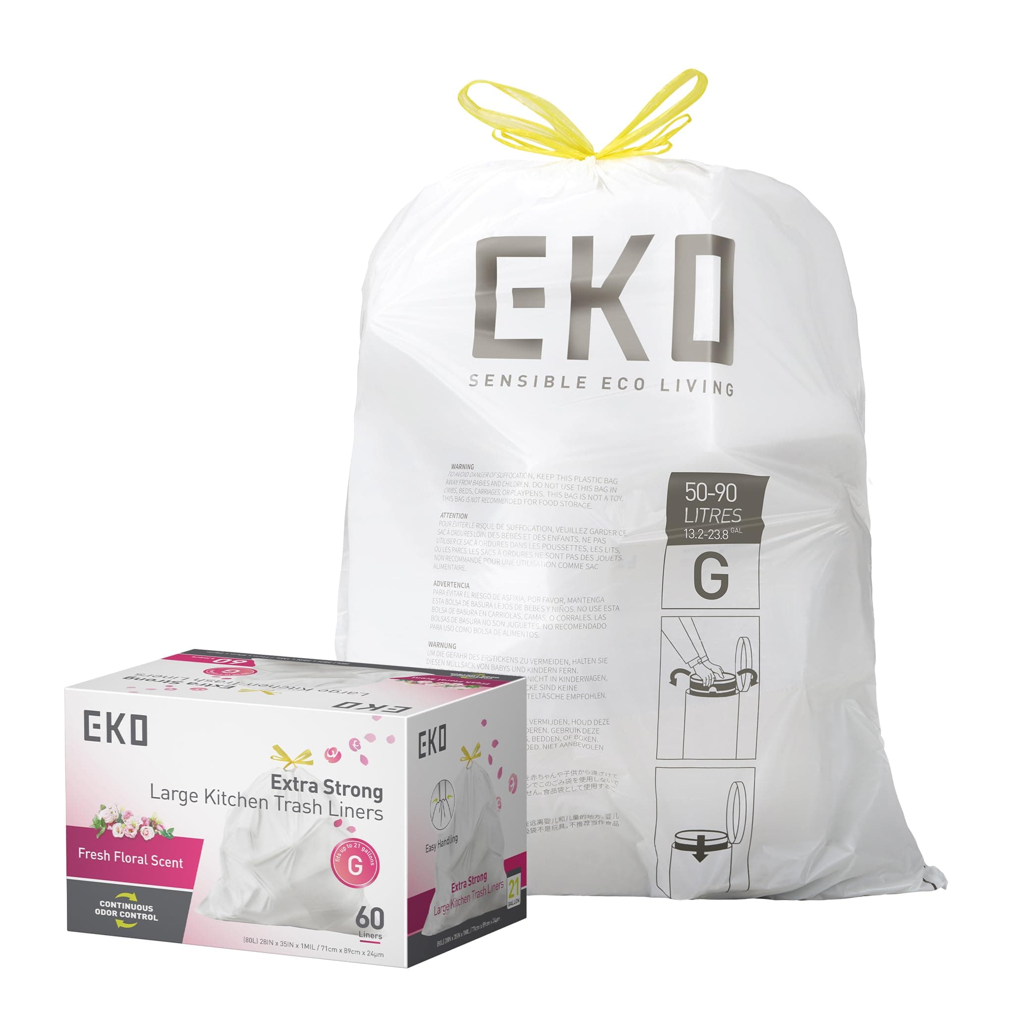 EKO 21 Gallon / 50-90 Liter, 60 Count Drawstring Trash Bags, Extra-Strong Garbage Bags, Fresh Floral Scent with Continuous Odor Control, Easy-Dispense Roll for Kitchen and Household Use, Code G, White