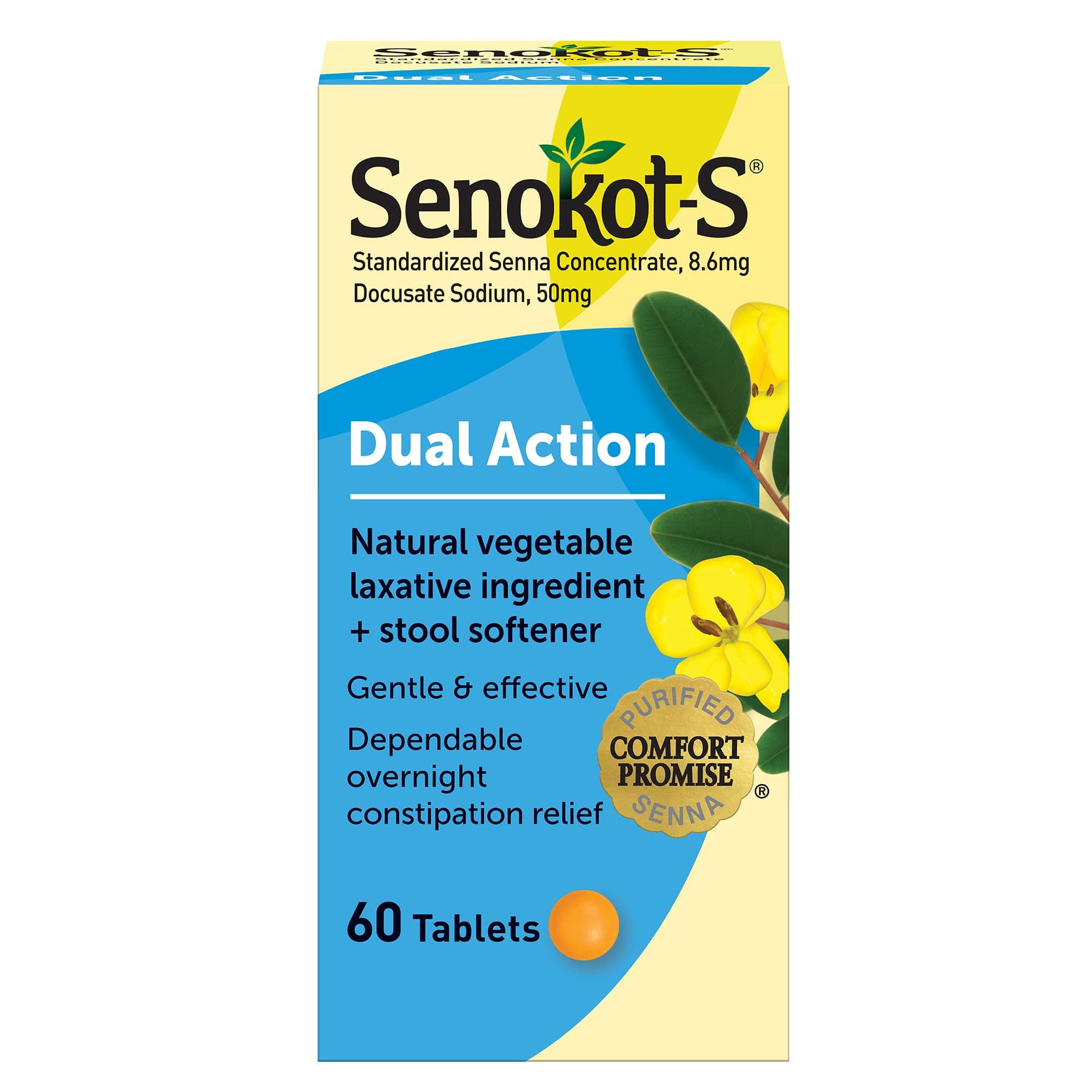 S Dual Action Natural Vegetable Laxative Ingredient Plus Stool Softener Tablets, Docusate Sodium, Senna Concentrate, Gentle, Overnight Relief From Occasional Constipation, 60 ct