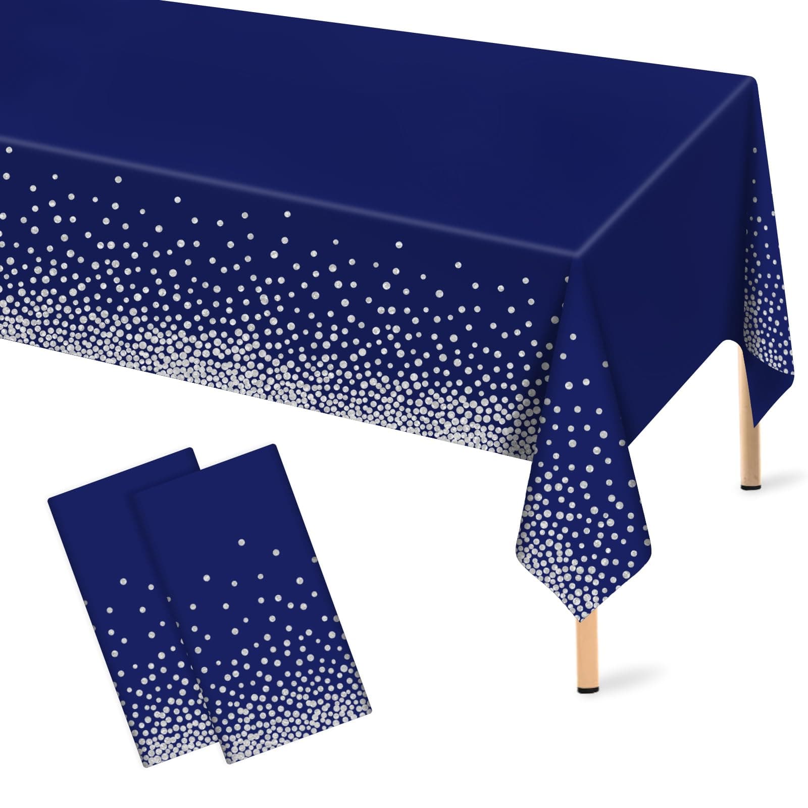 Mulbozy 2 Pcs Navy Blue Plastic Tablecloth Silver Dot Blue Table Cloths, 54×108 inches Disposable DarkBlue Table Cover for Anniversary Friendsgiving Fine Dining Graduation Party Decoration