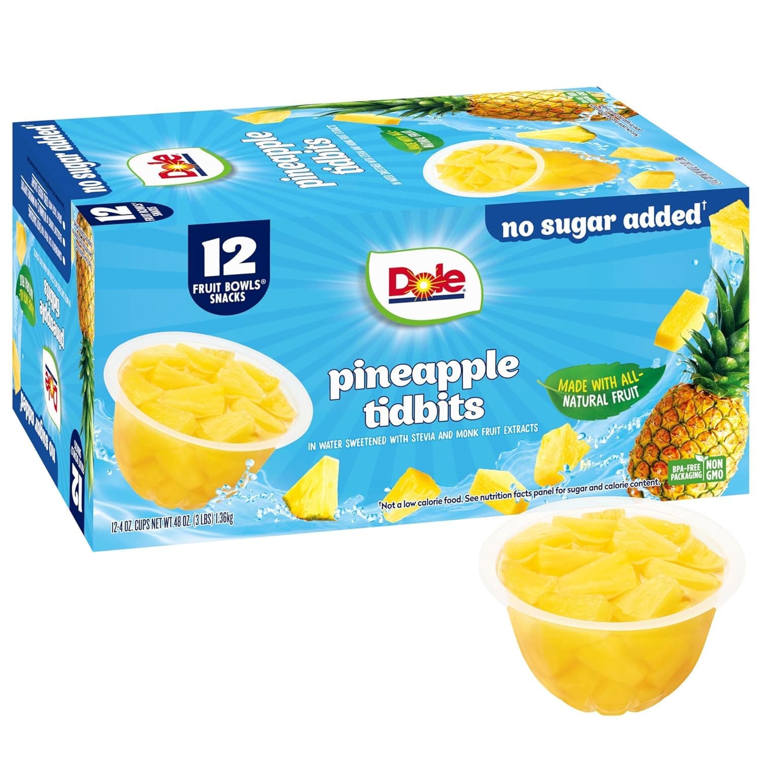 Dole Pineapple Tidbits with No Sugar Added - Dole Fruit Bowls Snacks - 4 oz Fruit Bowls - 12 Pack